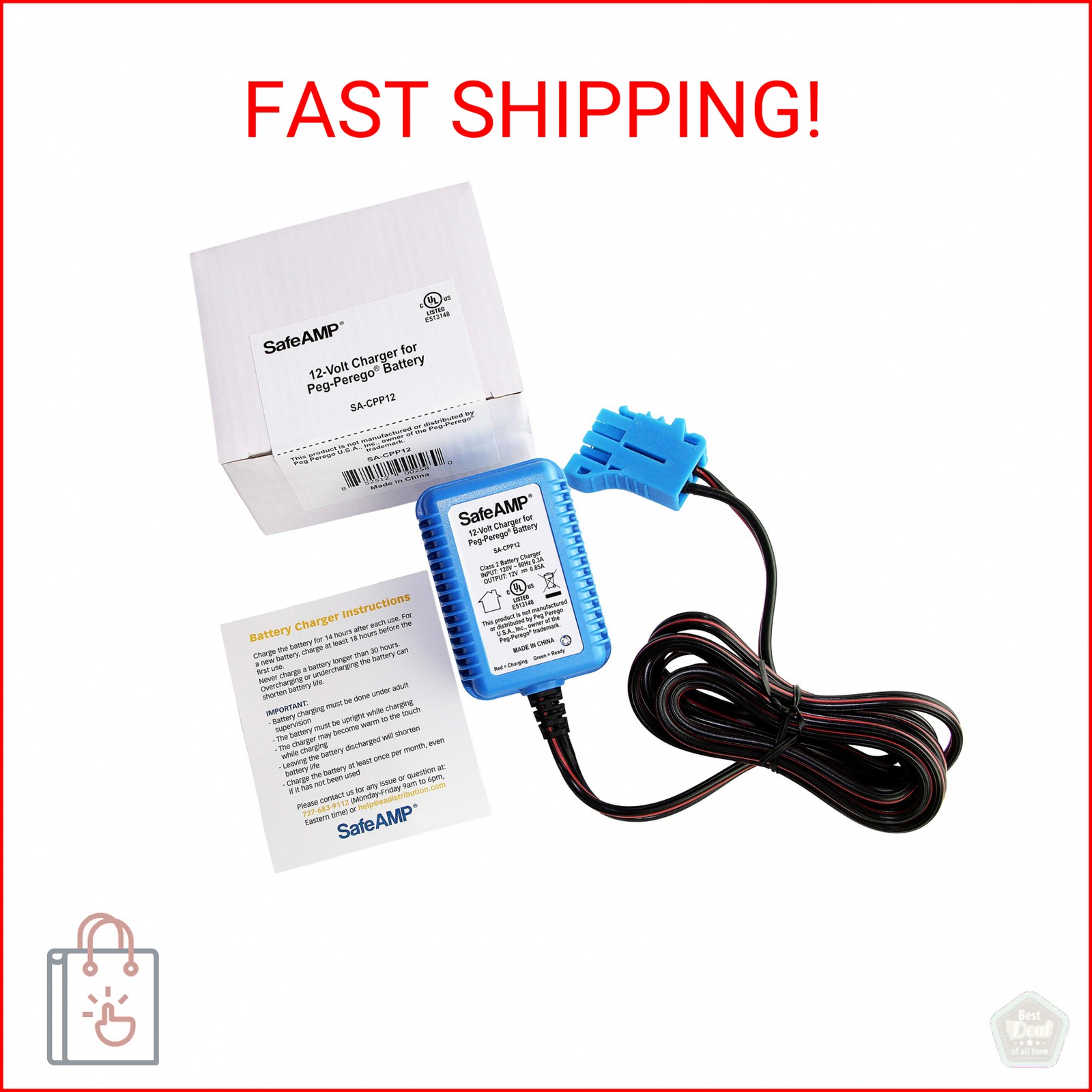 SafeAMP 12 Volt UL Listed Battery Charger Compatible with Peg Perego® 12V Batter