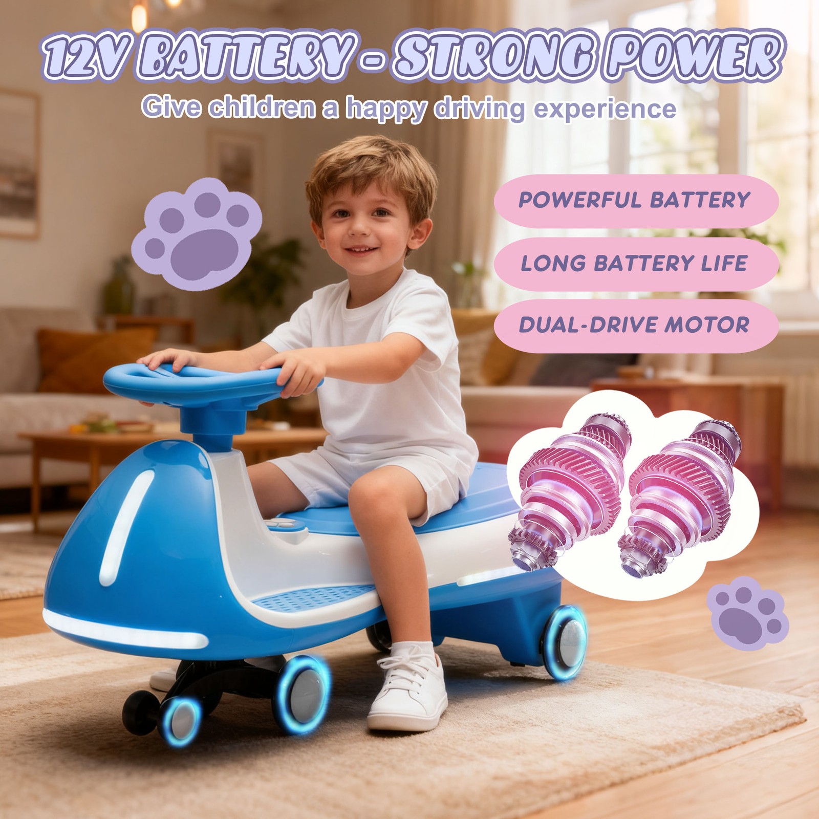 2in1 12V Kids ride on Electric Wiggle Car 5MPH Max Speed Bluetooth Music – Blue