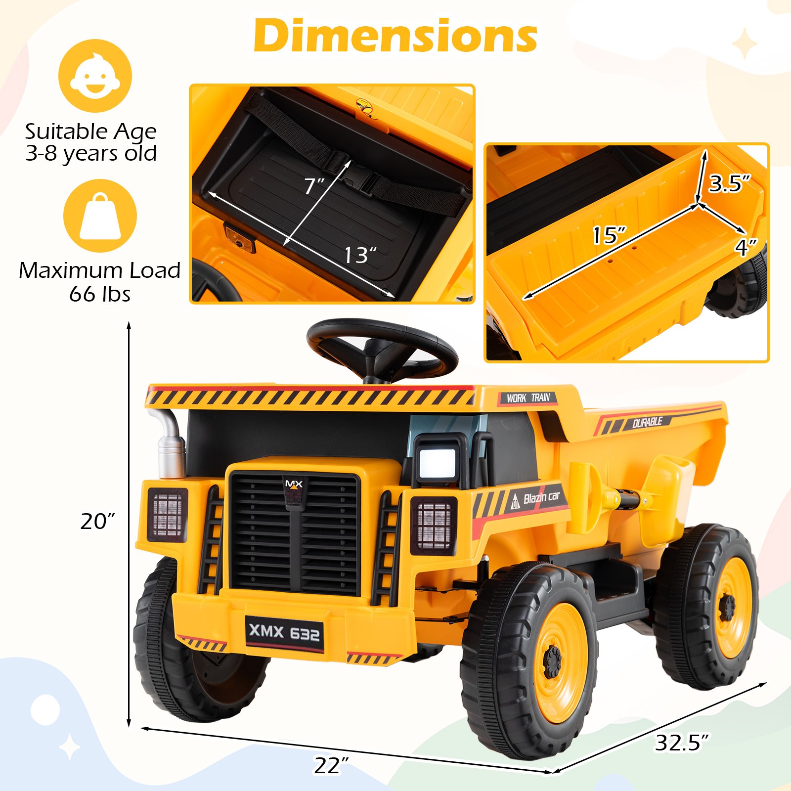 24V Ride on Dump Truck for Kids,4-Wheeler Construction Electric Vehicle w/Shovel