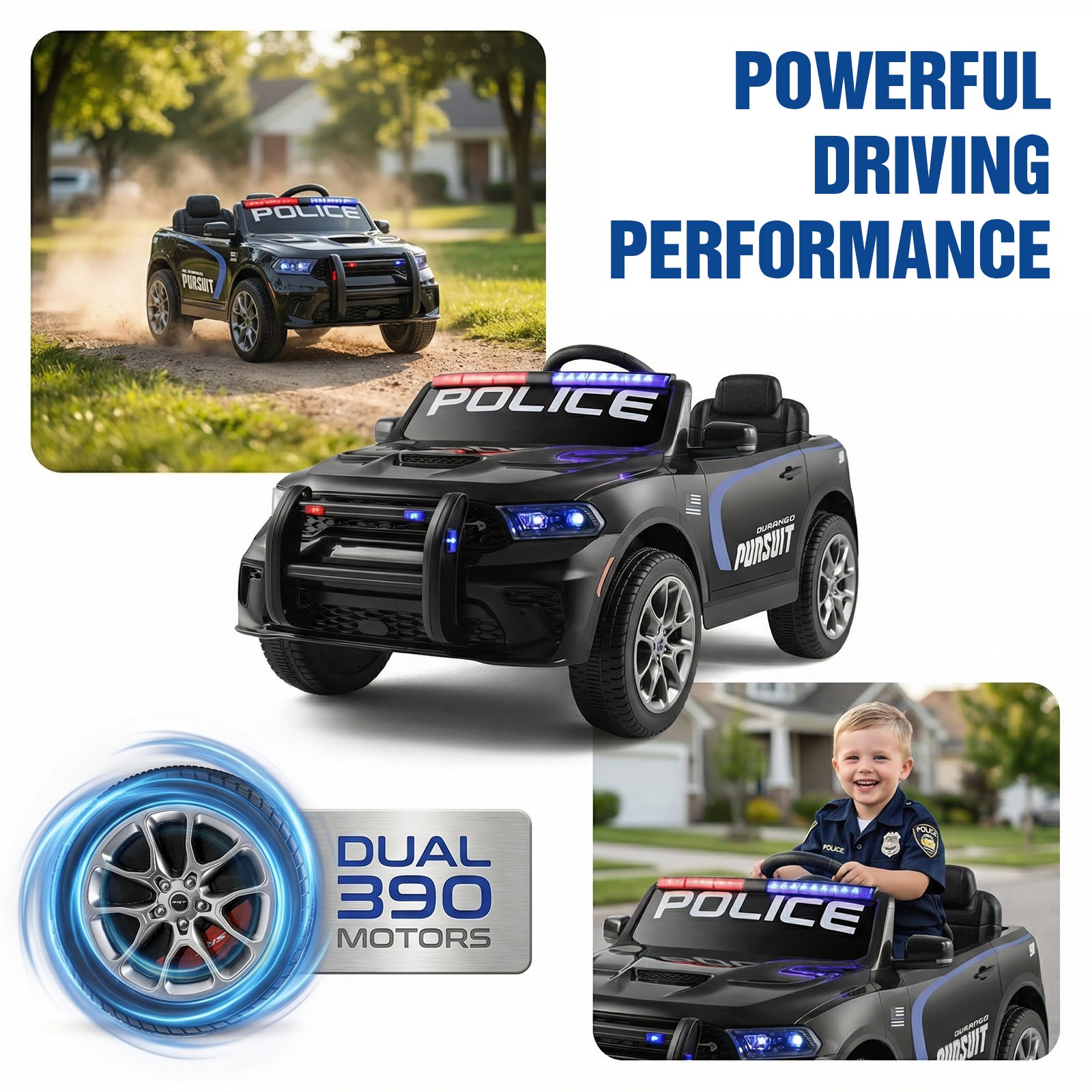 12V Battery Kids Ride On Police Car Dodge Durango SUV Music,LED,Bluetooth,Remote