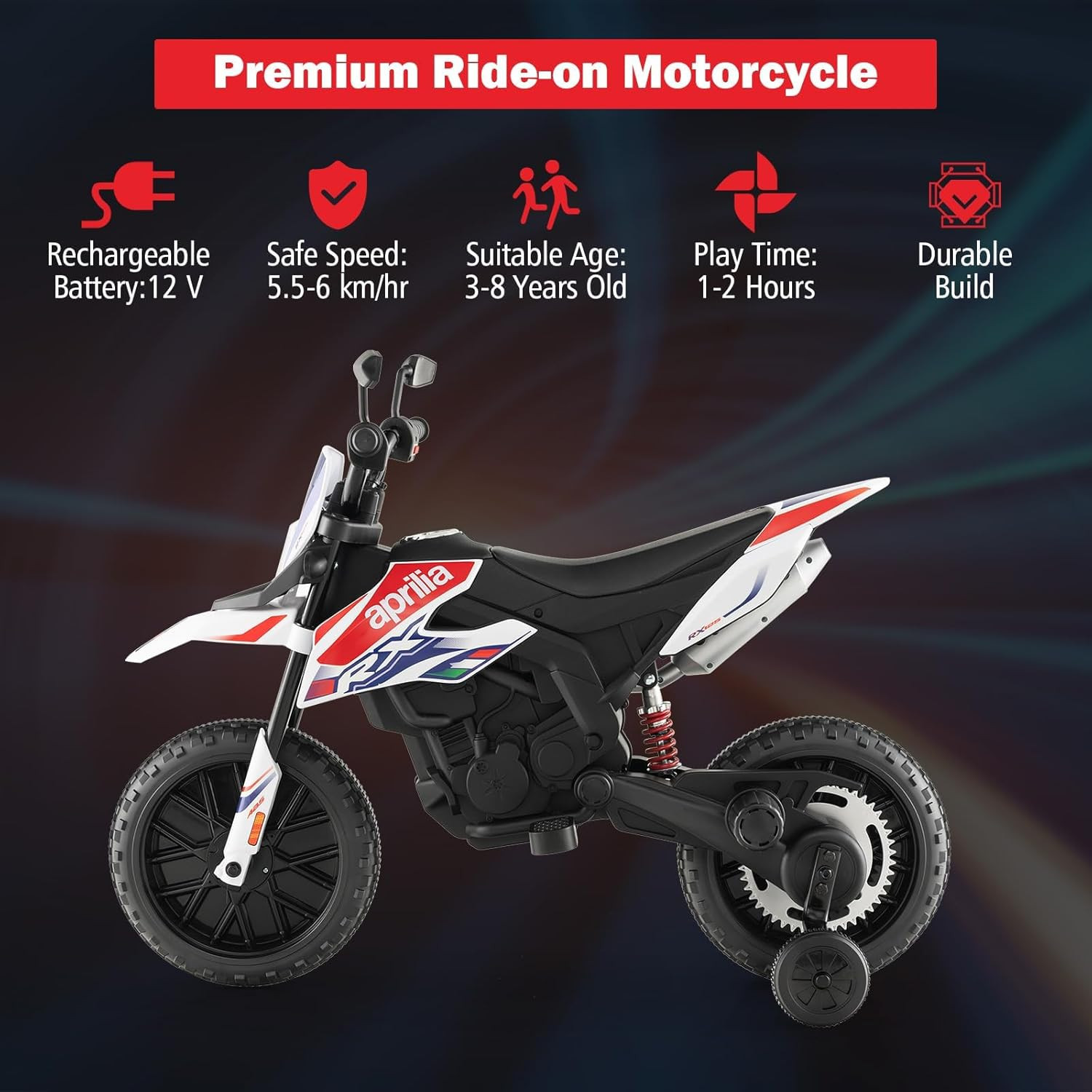 Kids Motorcycle 12V, Licensed Aprilia RX125 Ride-On Motorbike for Toddlers with