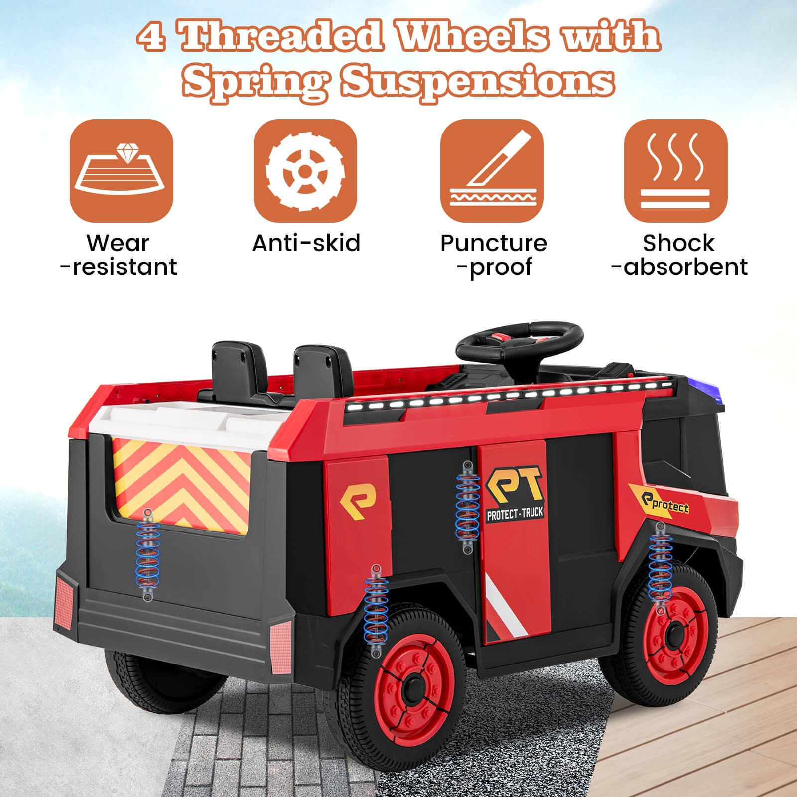 2-Seater Kids Ride on Fire Truck w/Remote Control Water Gun Extinguisher Shovel