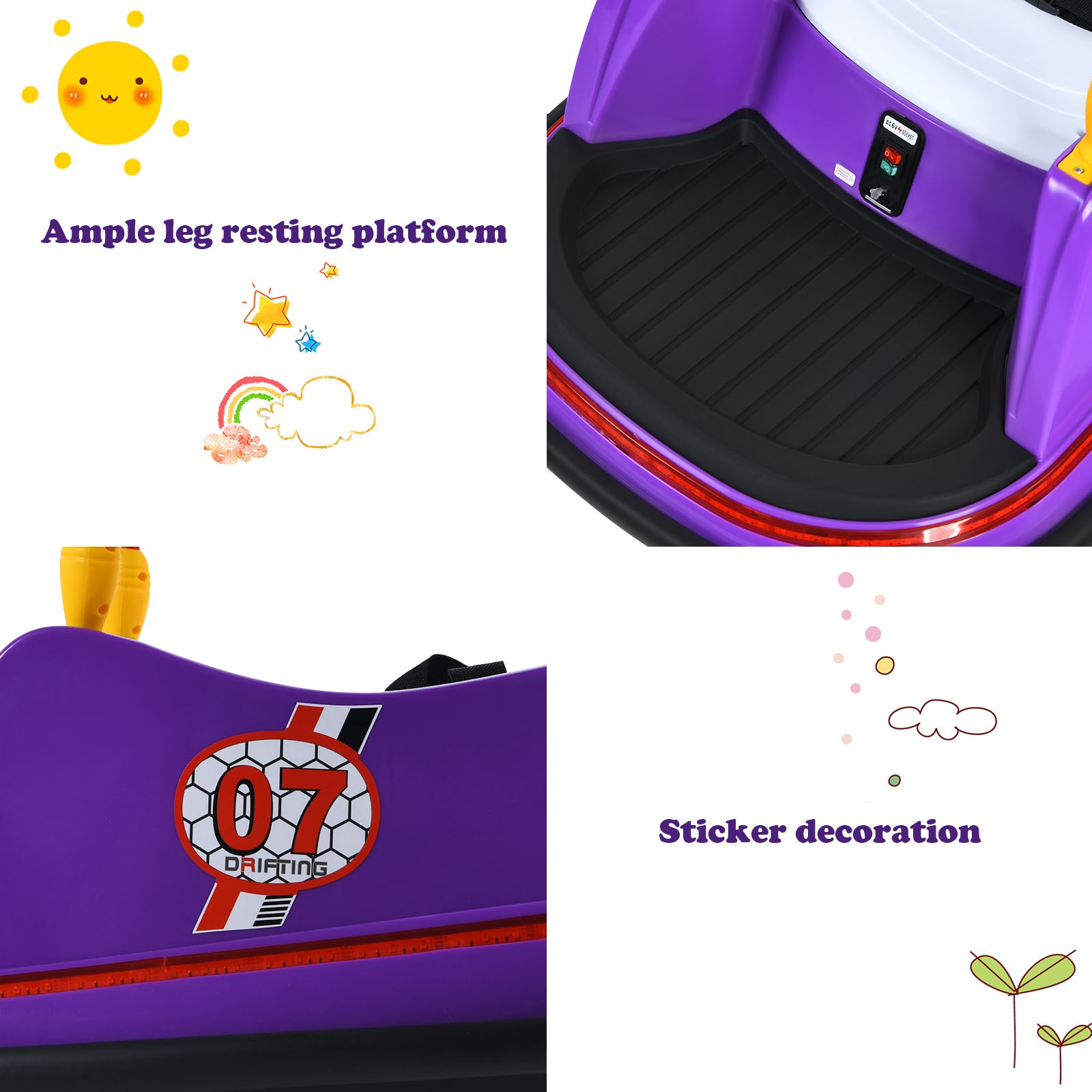 6V Kids Ride On Bumper Car Vehicle 360° Spin Race Toy w/ Remote Control Purple