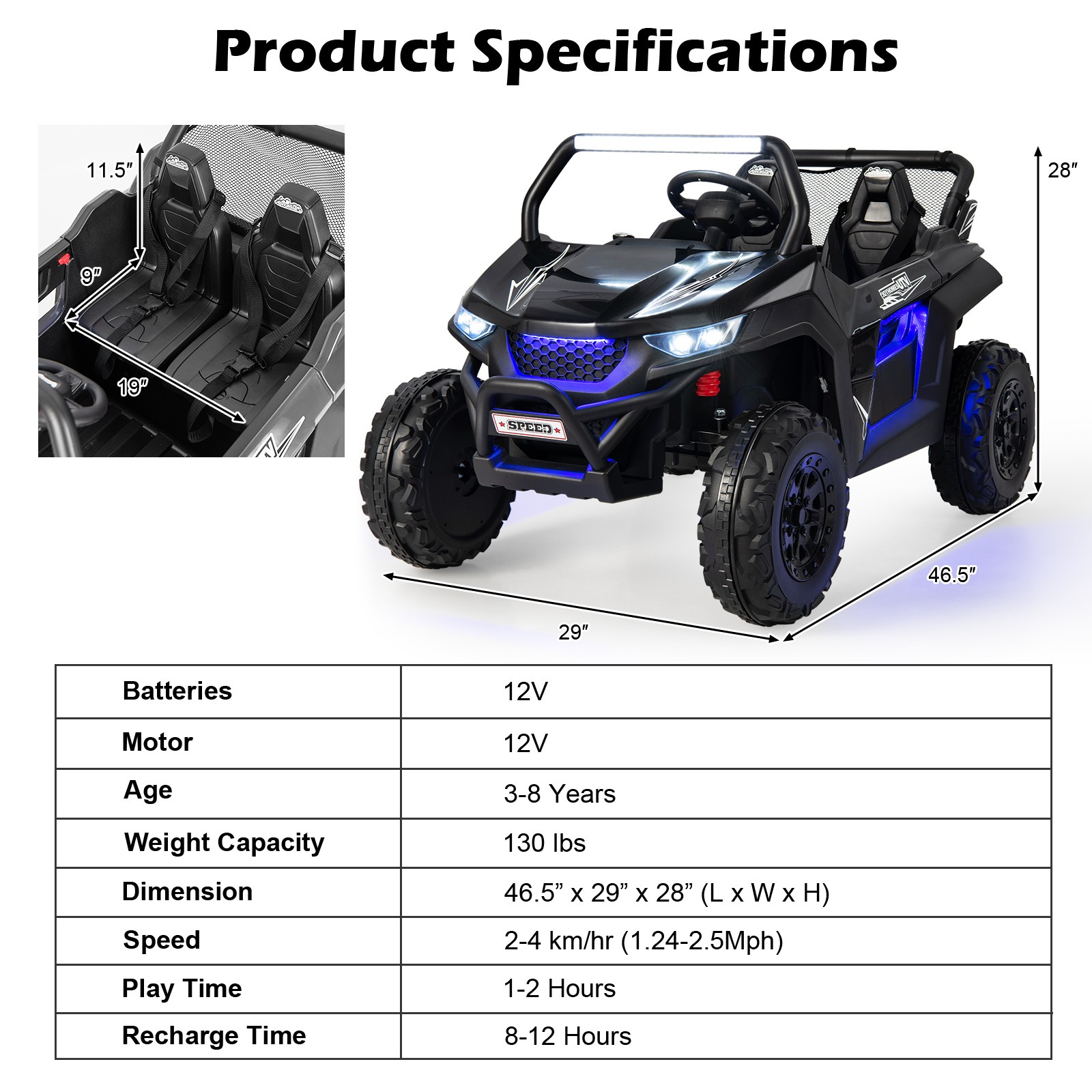 12V 2-Seater Kids Ride On UTV RC Electric Vehicle Suspension w/ Lights & Music