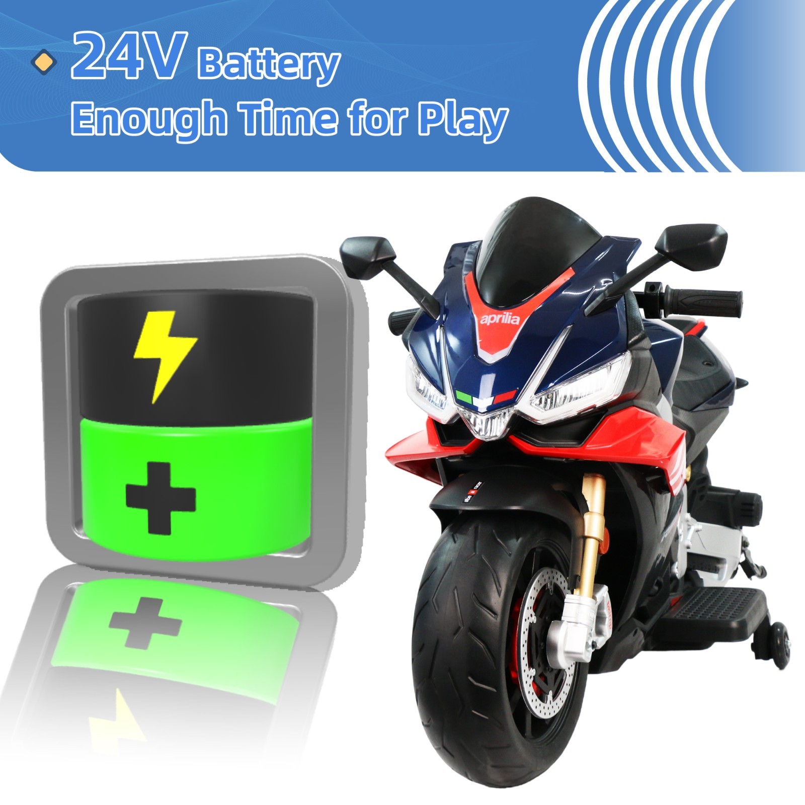 Blue Aprilia 24V Kids Electric Motorcycle 6mph Dirt Bike Ride on Toy w/Bluetooth