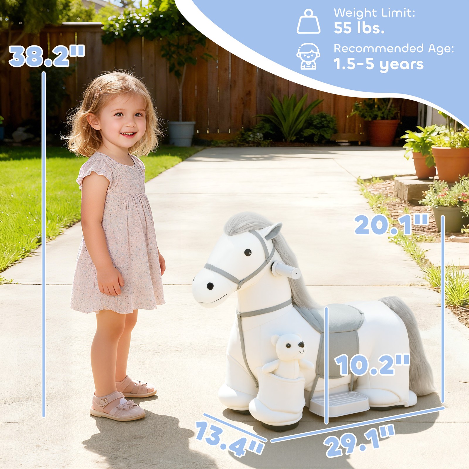 6V Ride On Horse, Battery Powered Ride on Toy with Bear Toy, Music