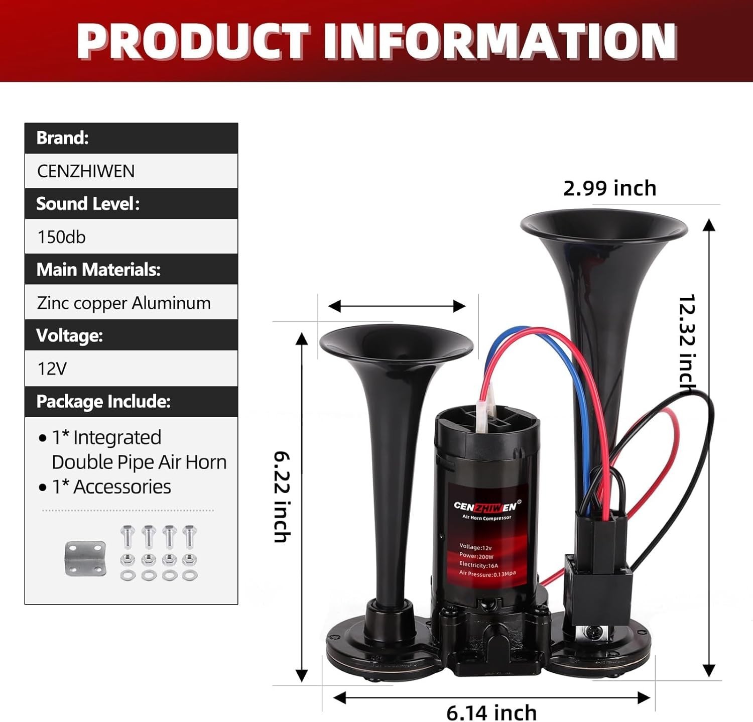 Air Horn for Car/Trucks, 150dB Super Loud Train Horn,with All-in-One 12V Air Com
