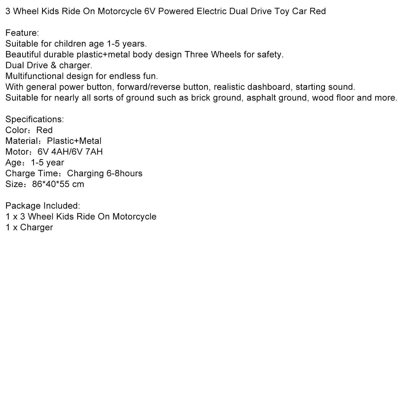 3 Wheel Kids Ride On Motorcycle 6V Powered Electric Dual Drive Toy Car Red US