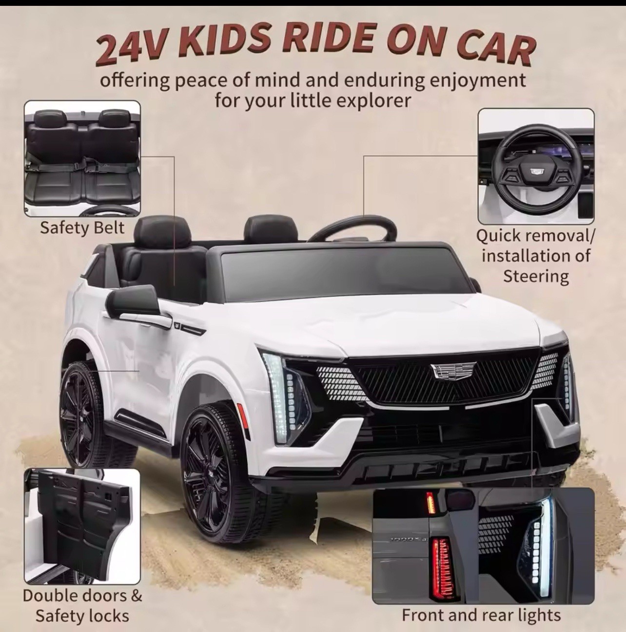 Cadillac 24V Ride On Electric Car,Remote Control,2Seater, 4Wheel Shock Absorbers