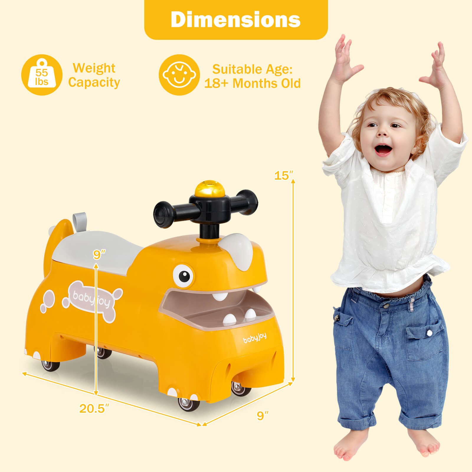 Ride on Toy Baby Dinosaur Sliding Car w/ 4 Universal Casters Under-Seat Storage