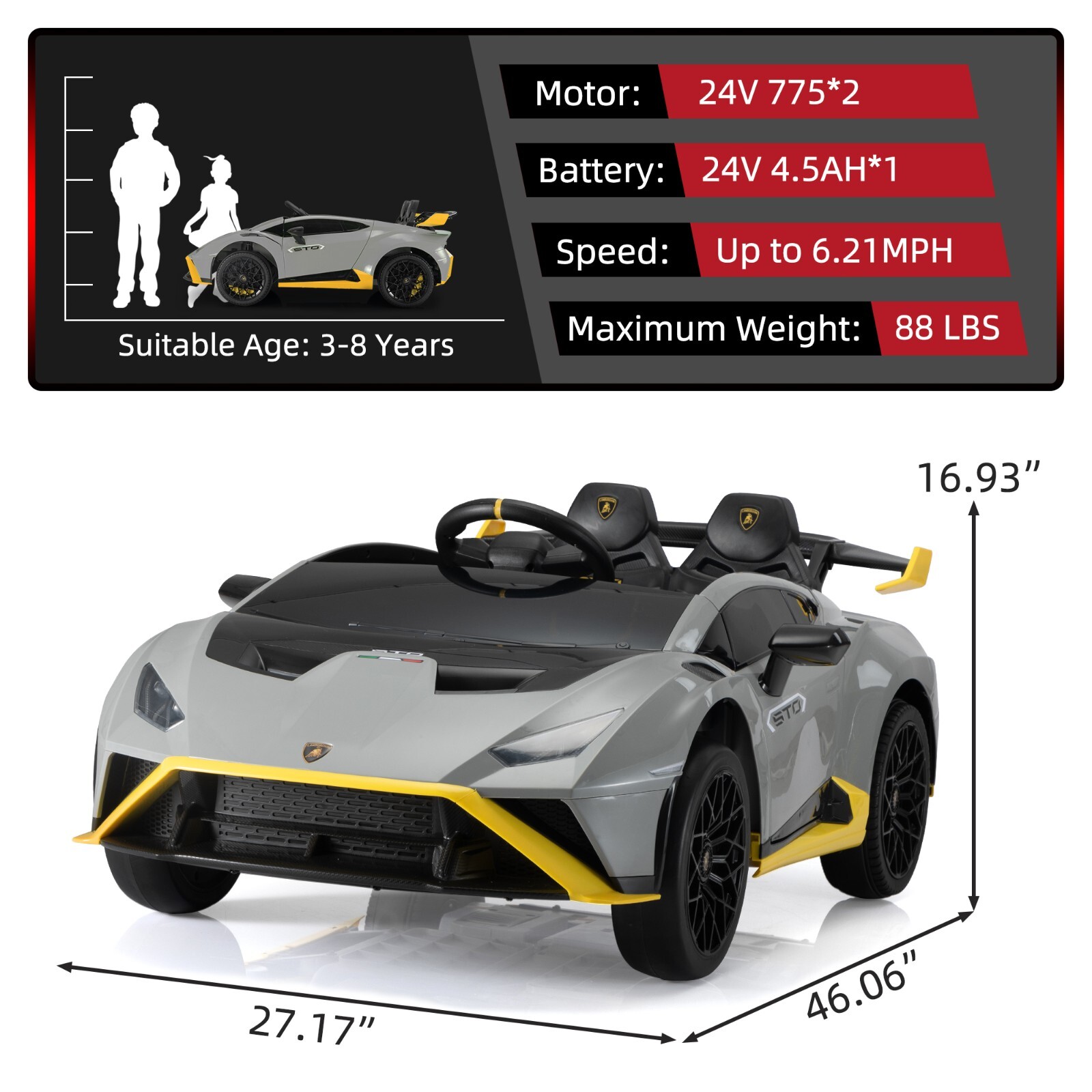 24V TOBBI Kids Electric Ride On Car Licensed Lamborghini STO W/ 360° Drifting