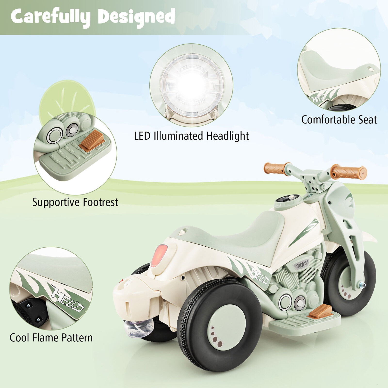 6V Kids Bubble Car Electric Ride On Motorcycle w/Music Button, Headlight Beige