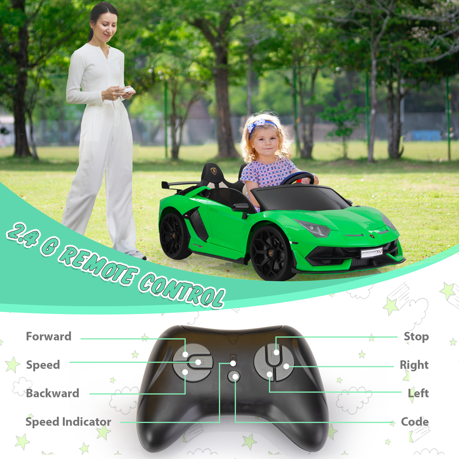 24V Kids Ride On Drift Car 2-Seater High Speed 13km/h Lamborghini w/Remote
