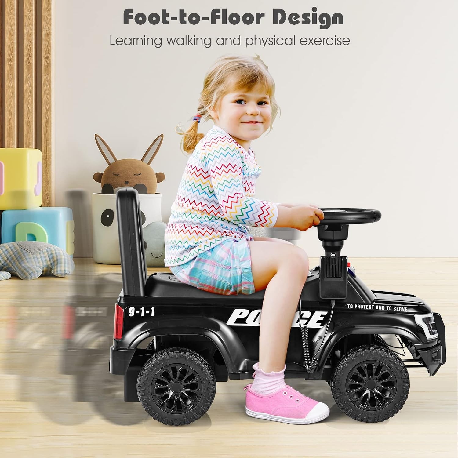 Ride On Push Police Car Toddler Foot-to-Floor Sliding Toy W/ Siren Steering