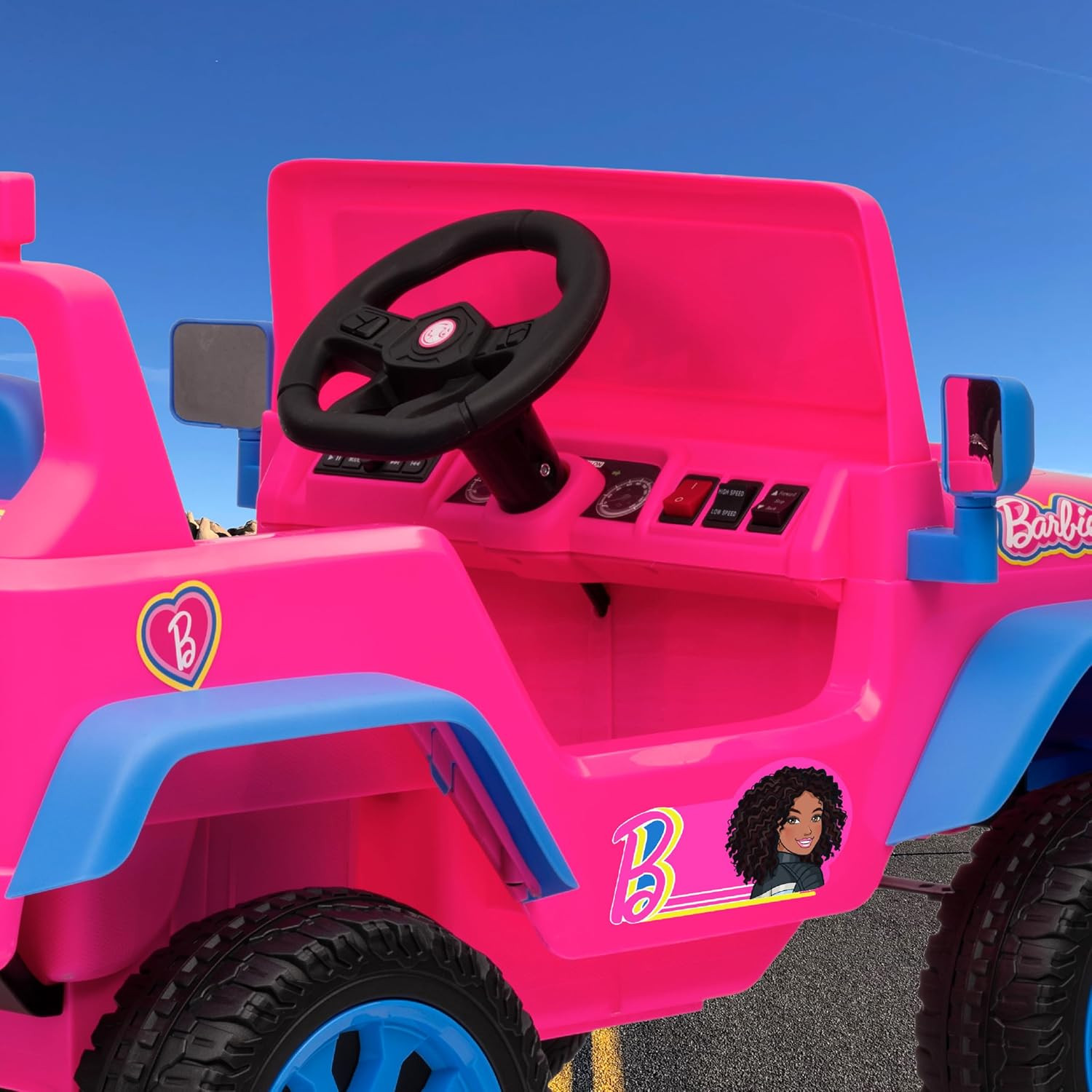 Barbie – 12V Kids Ride-On Jeep with Rechargeable Battery, LED Headlights, Press-