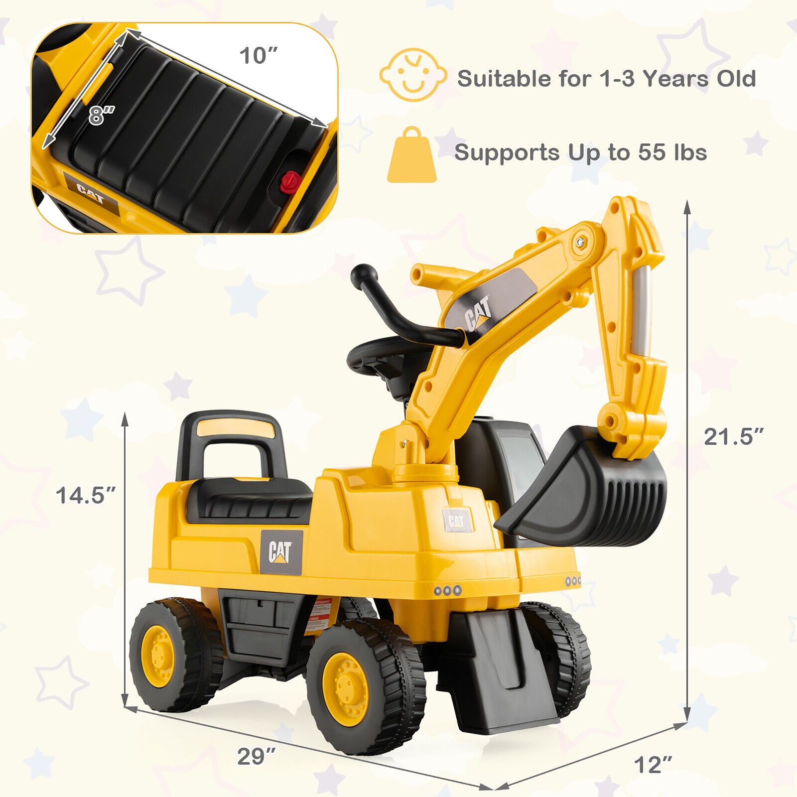 Kids Rid-On Digger Excavator Toy w/ Rotatable Digging Bucket & Hidden Storage