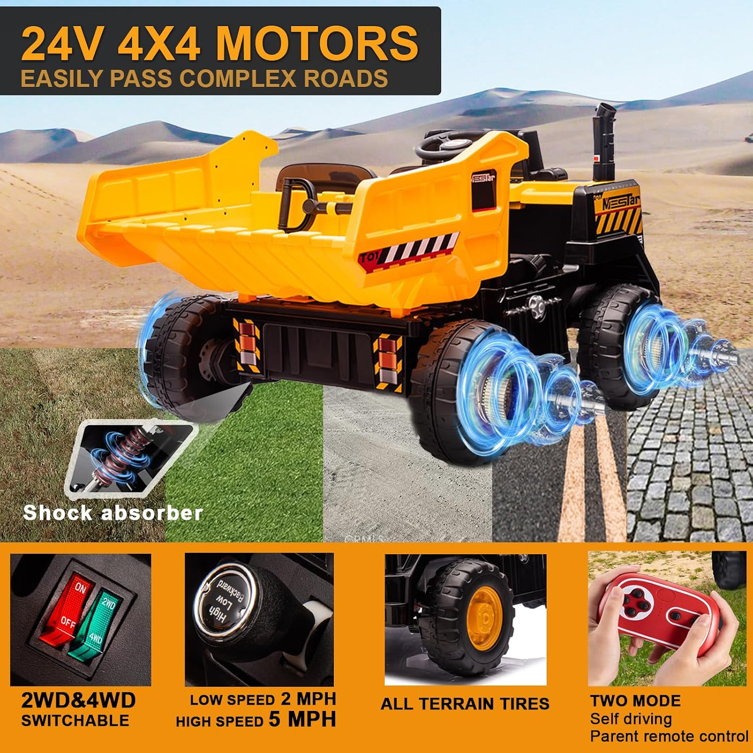 24V Ride on Dump Truck, 2 Seater Ride on Cars with Remote Control, 4WD Motors, u
