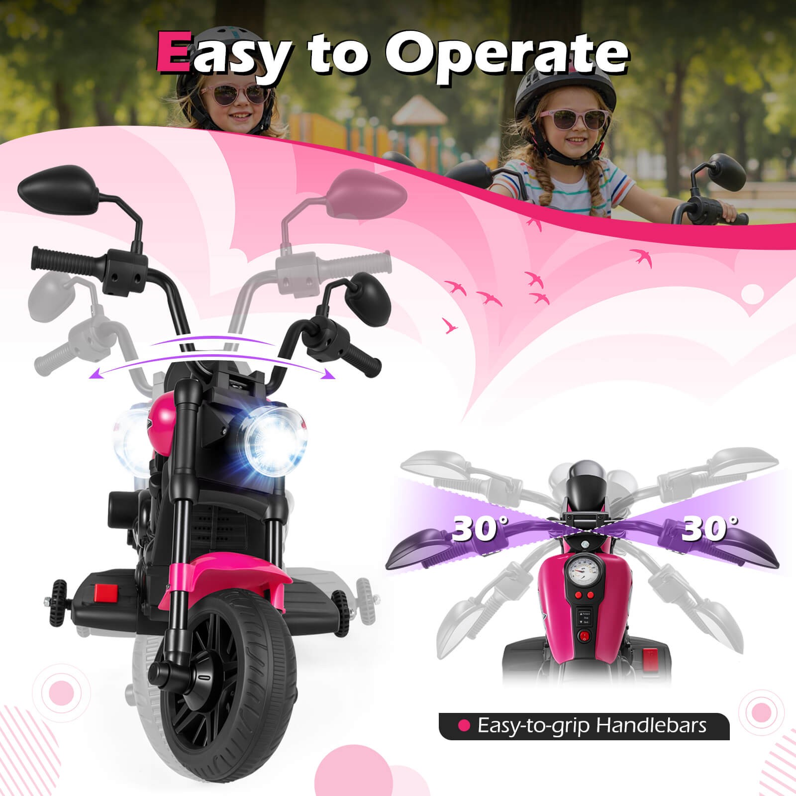 Kids Motorcycle w/Headlight, Music, Training Wheels, Foot Pedal for Boys Girls