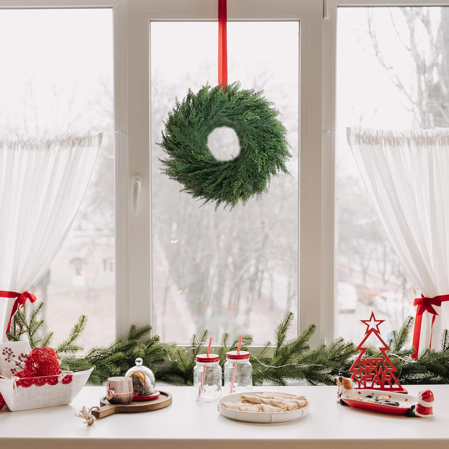 24 Inch Christmas Wreaths for Front Door Real Touch Cedar Wreath Artificial Gree