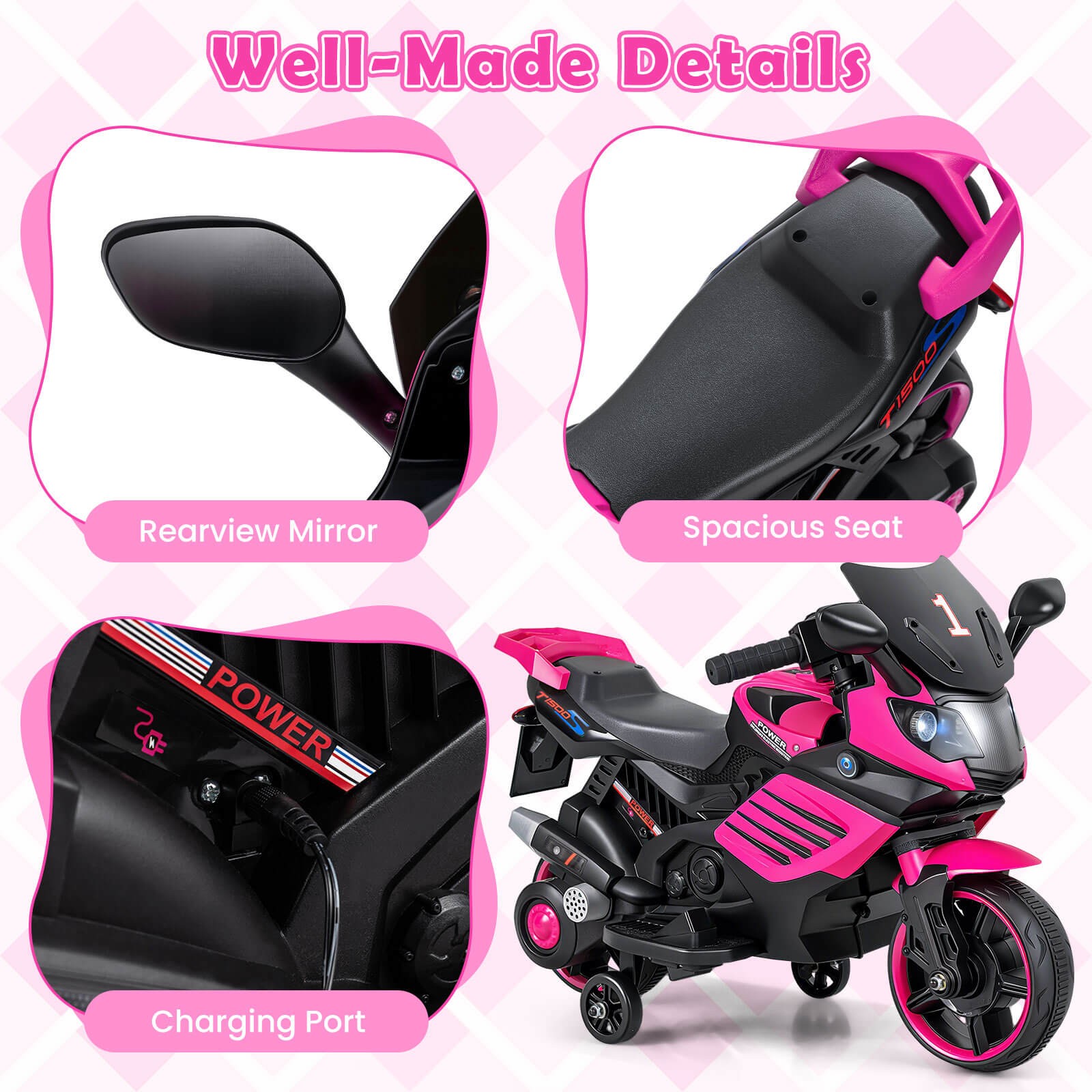 6V Kids Motorcycle w/Music, Horn, Detachable Training Wheels & LED Headlights