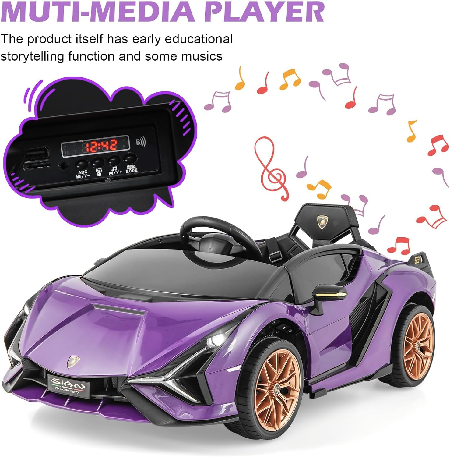 12V Licensed Lamborghini Sian Kids Ride on Car with Parent Remote Control, Sprin