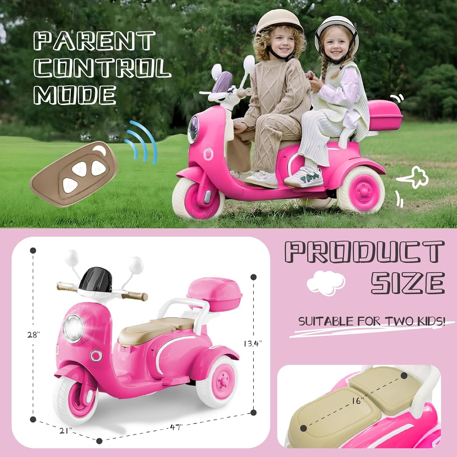 Kids Girls Pink Electric Ride On Motorcycle 3 Wheel 12 Volt Bluetooth Scooter