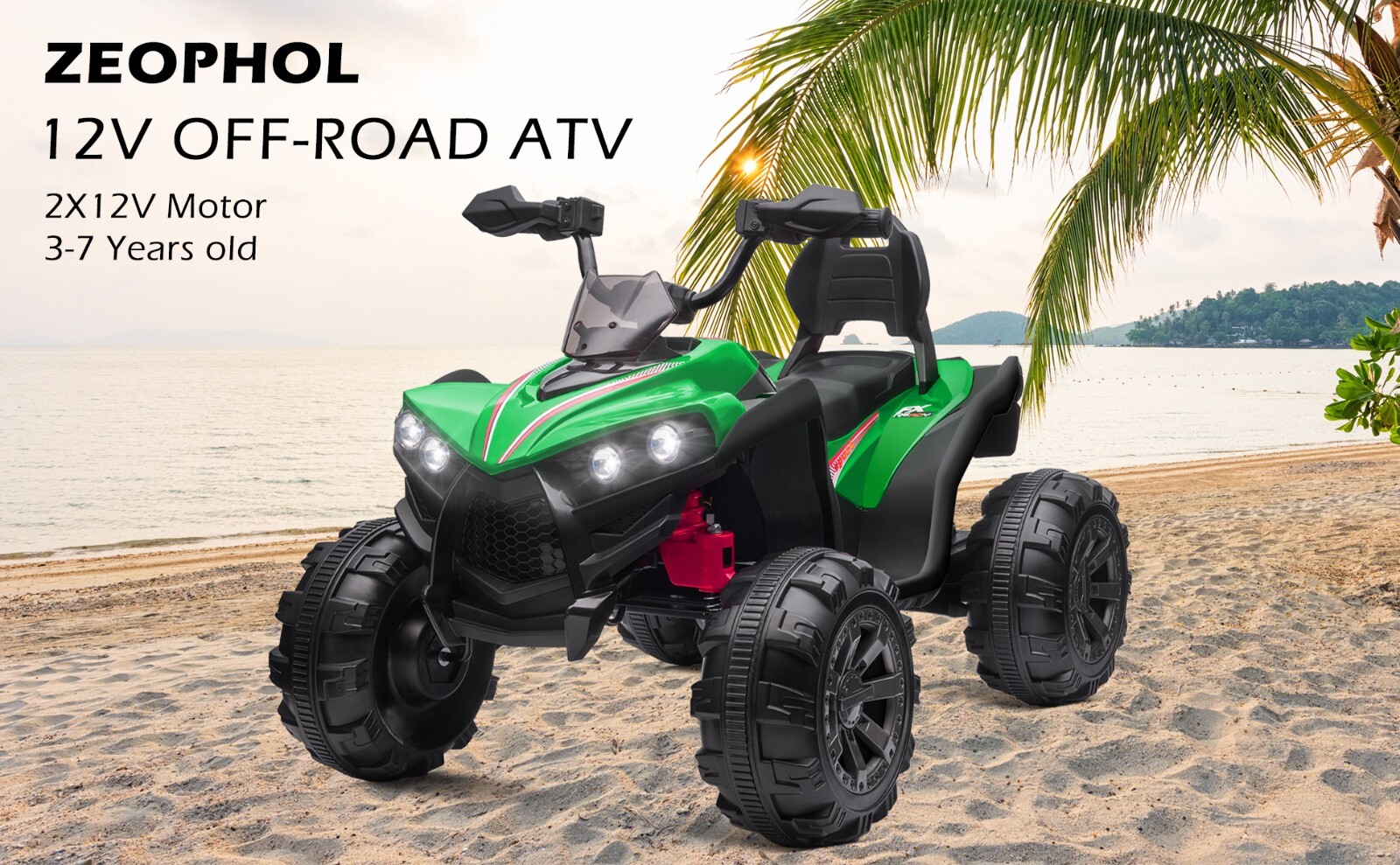 ZEOPHOL 12V Kids Ride-On Electric ATV Off-Road Quad Car Toy 2 Speeds LED Green