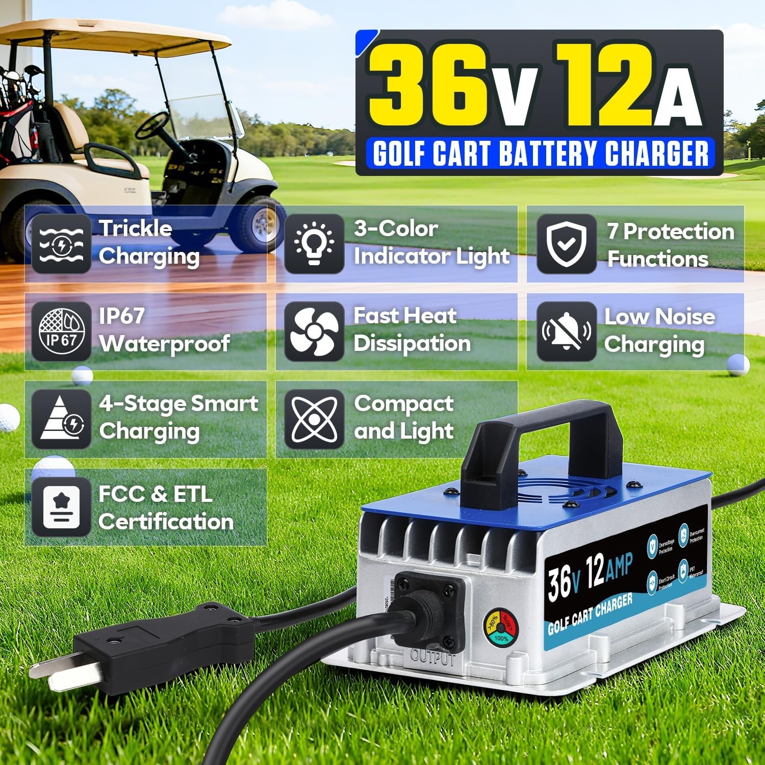 12 AMP 36 Volt Golf Cart Charger for Club Car, EZGO & Yamaha, IP67 Waterproof…