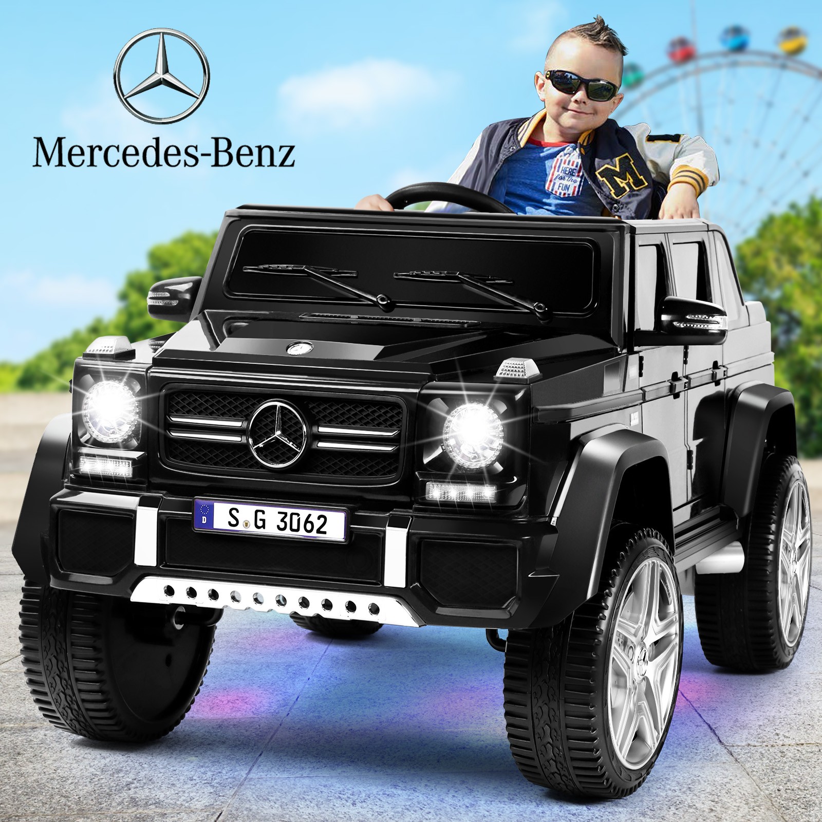 12V Battery Kids Black Ride On Car Electric Mercedes-Benz Truck w/LED,MP3,Remote