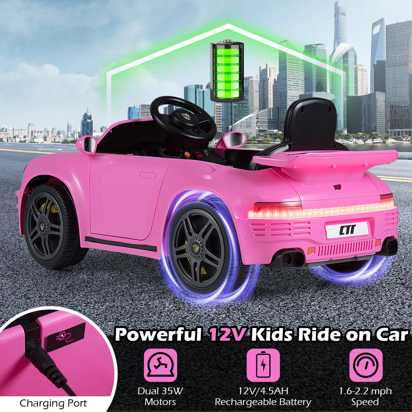 12V Licensed RUF CTR Kids’ Electric Vehicle w/Remote Control, LED Lights, Music