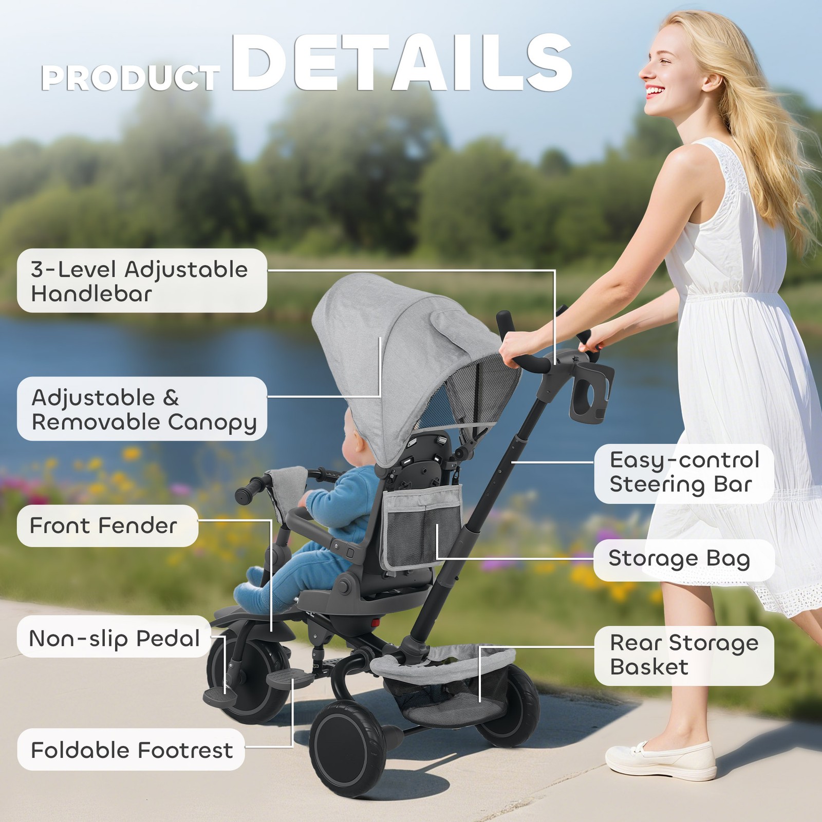 6 in 1 Kids Tricycle with Adjustable Push Handle for 1-5 Years, Gray