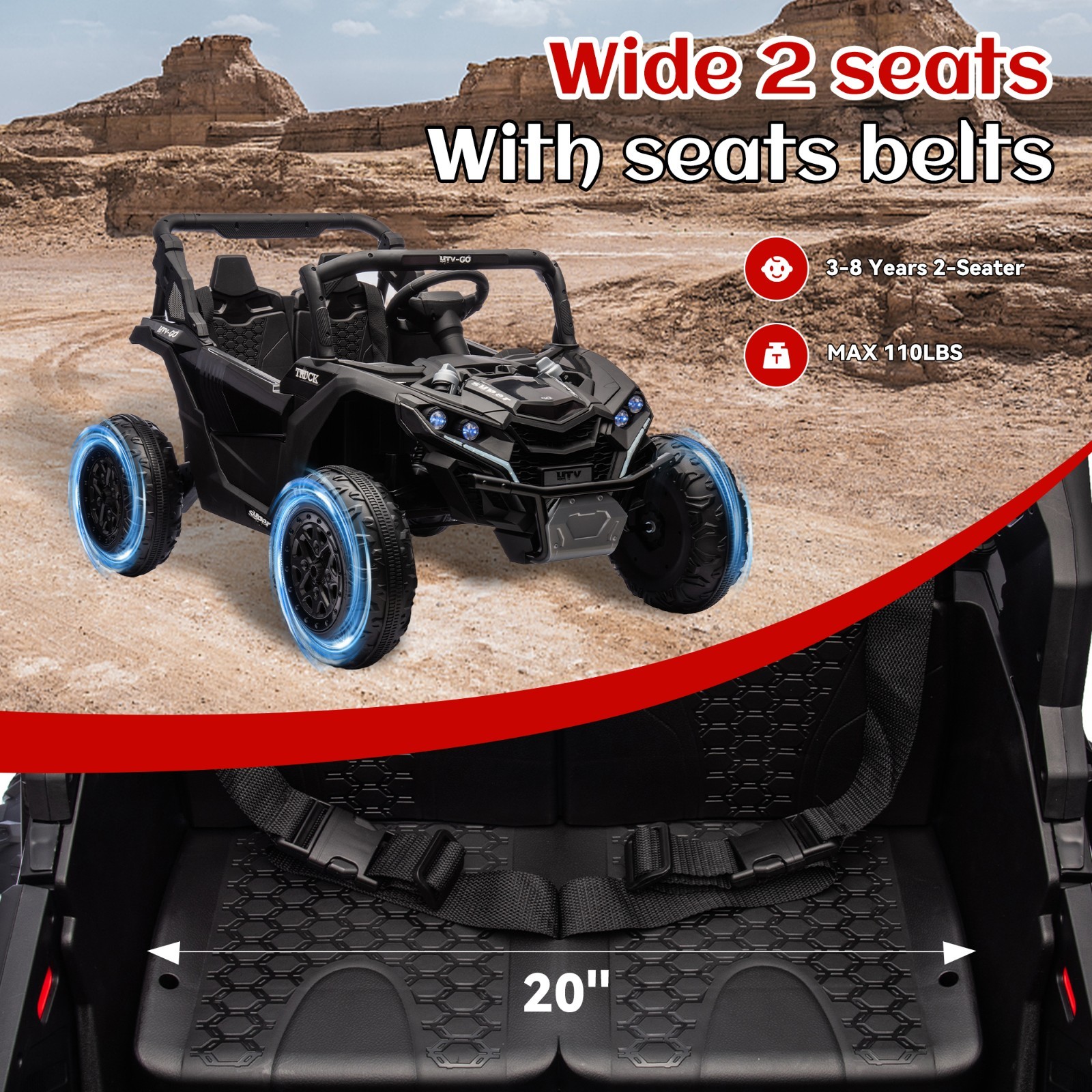 24V Ride on Electric Car for Big Kids 2 Seater UTV Off-Road Toys w/Remote, Black