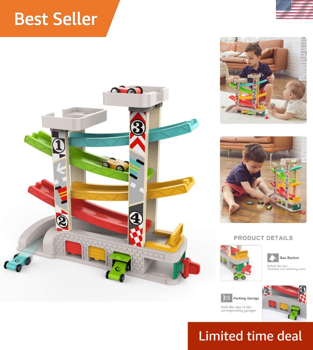Delightful Car Ramp Race Track Toy for 2-3 Olds – 4 Wooden Cars Included