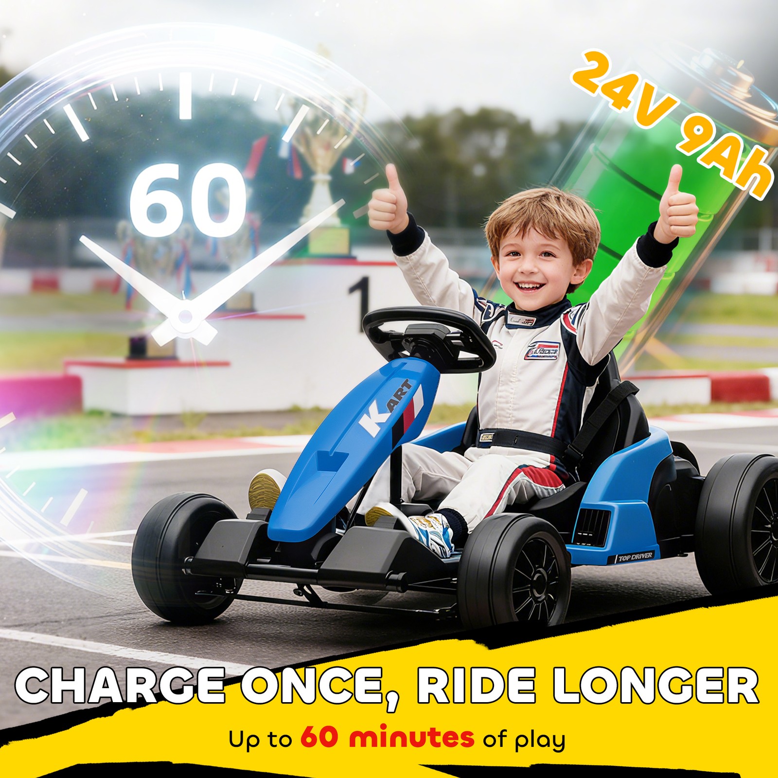 24V Electric Go Kart, Kids Drift Kart with Dual 150W Motors, Blue