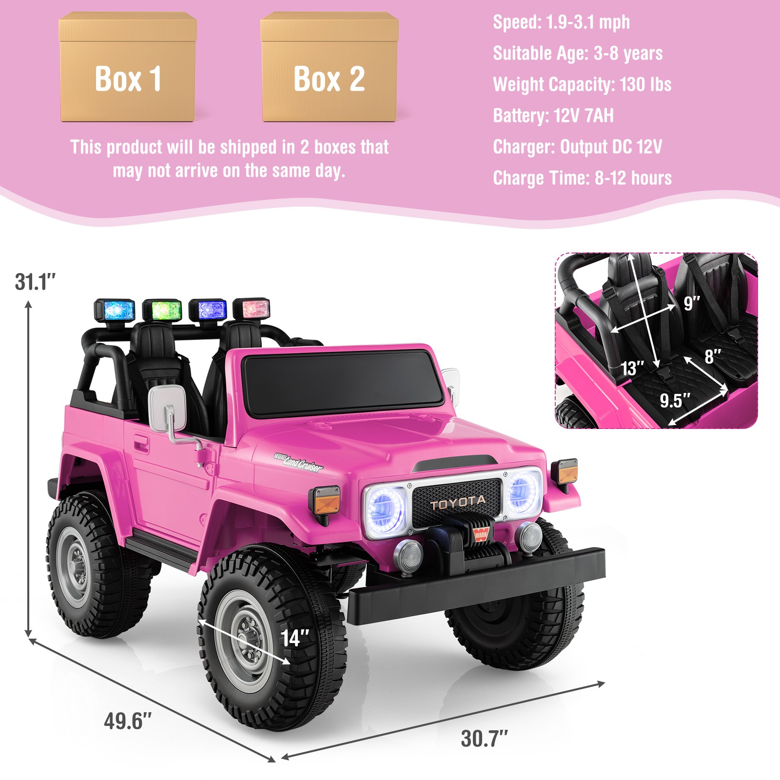 2 Seater Ride On Truck Car 12V Licensed Toyota FJ40 RC w/ Laser Light & Music