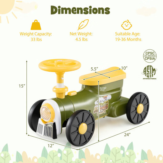 Ride on Toy with Steering Wheel and Train Whistle Sound Button-Green – Color: Gr