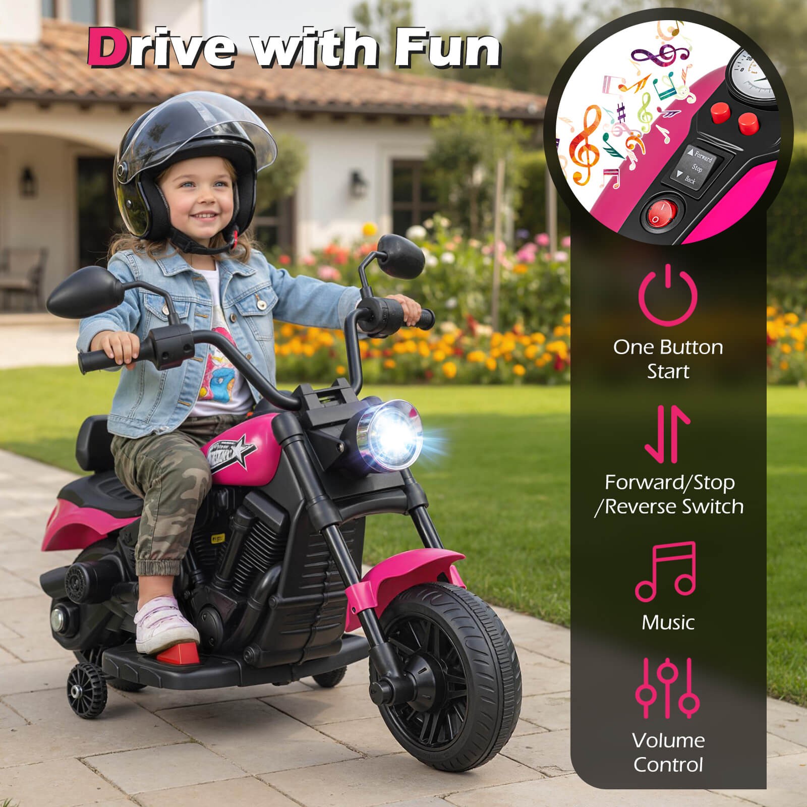 Kids Motorcycle w/Headlight, Music, Training Wheels, Foot Pedal for Boys Girls