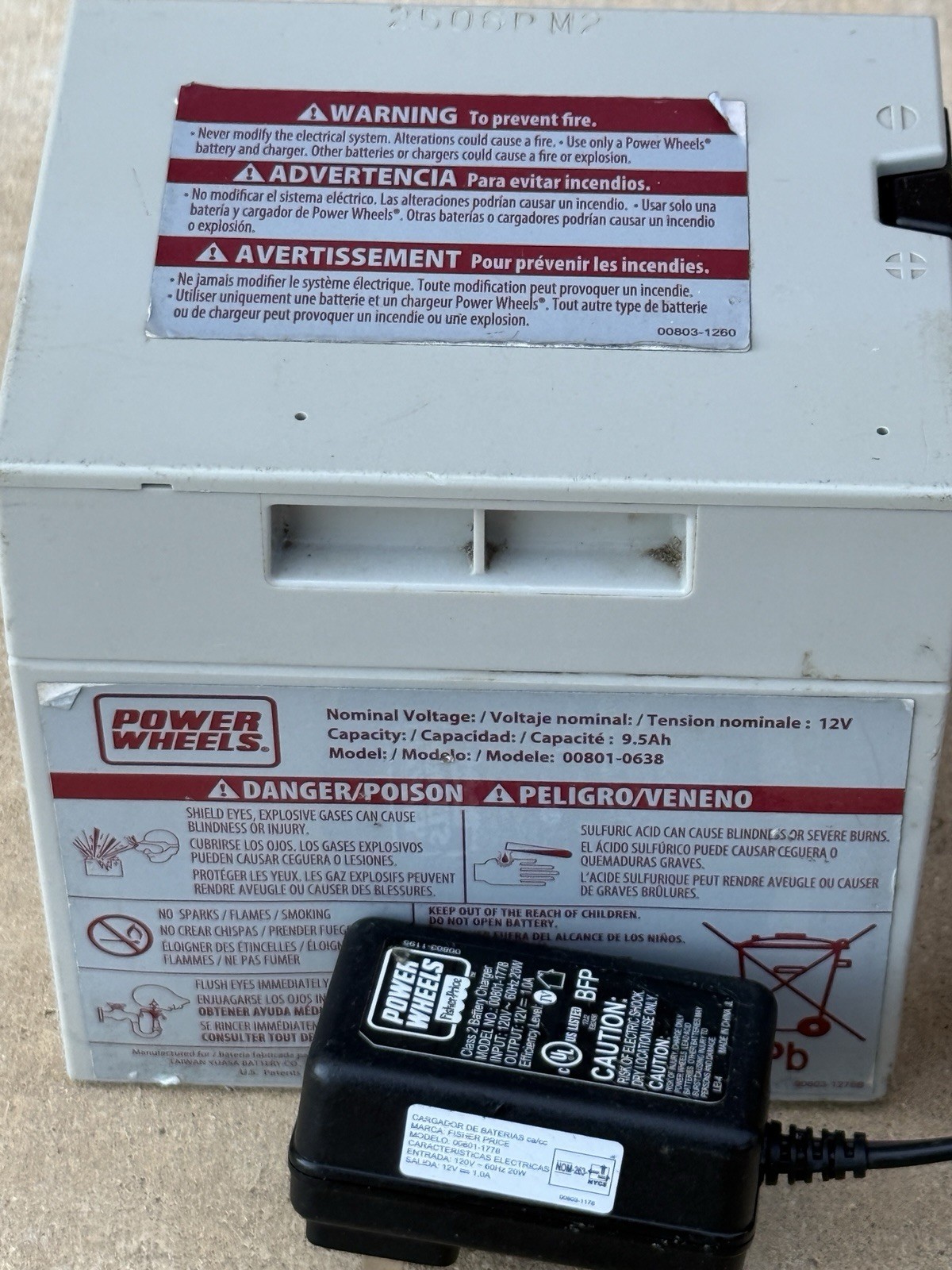 Power Wheels 12V Gray Battery 00801-0638 + 12 VOLT Charger Fisher Price Genuine