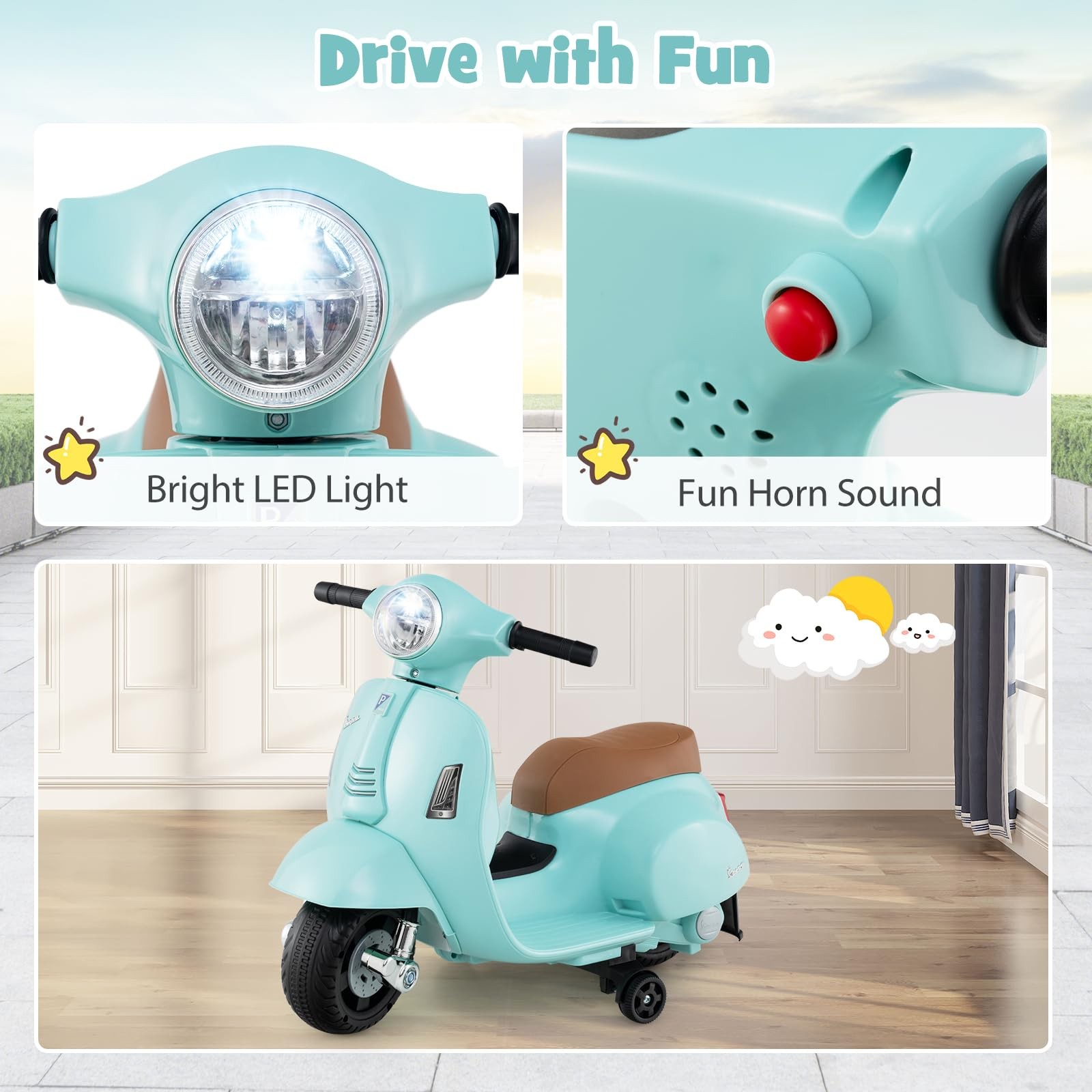 Costzon Toddler Motorcycle Licensed Vespa Ride On Motorcycle Training Wheels
