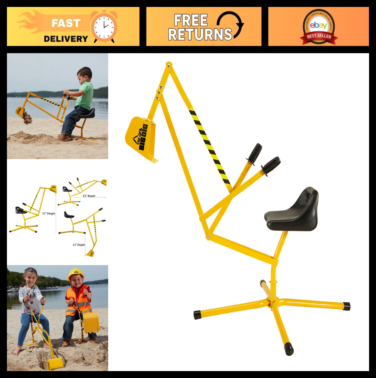 Excavator Ride-On Toy for Kids 3+, 360° Rotating Sandbox Digger – Outdoor Fun