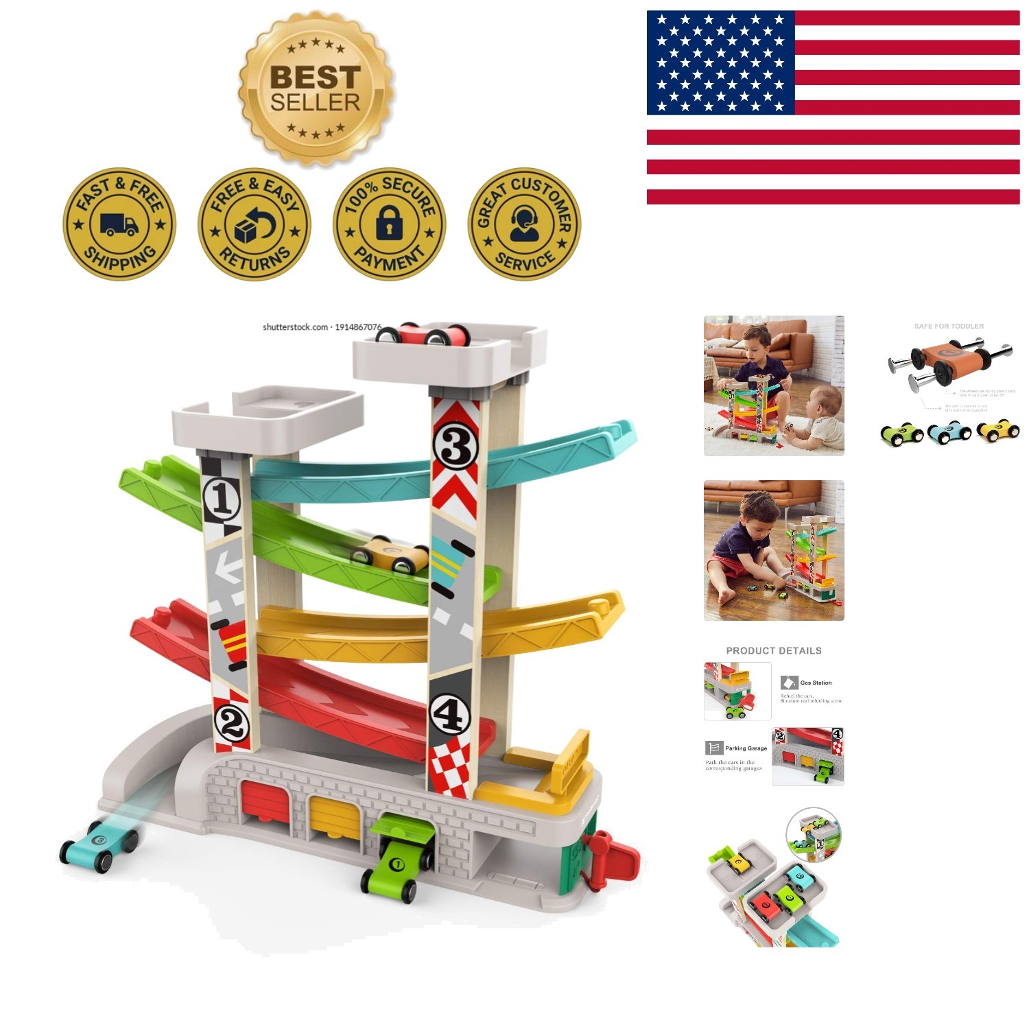 Safe and Compact Toddler Race Track Toy Set with 3 Car Garage – Ages 18 +