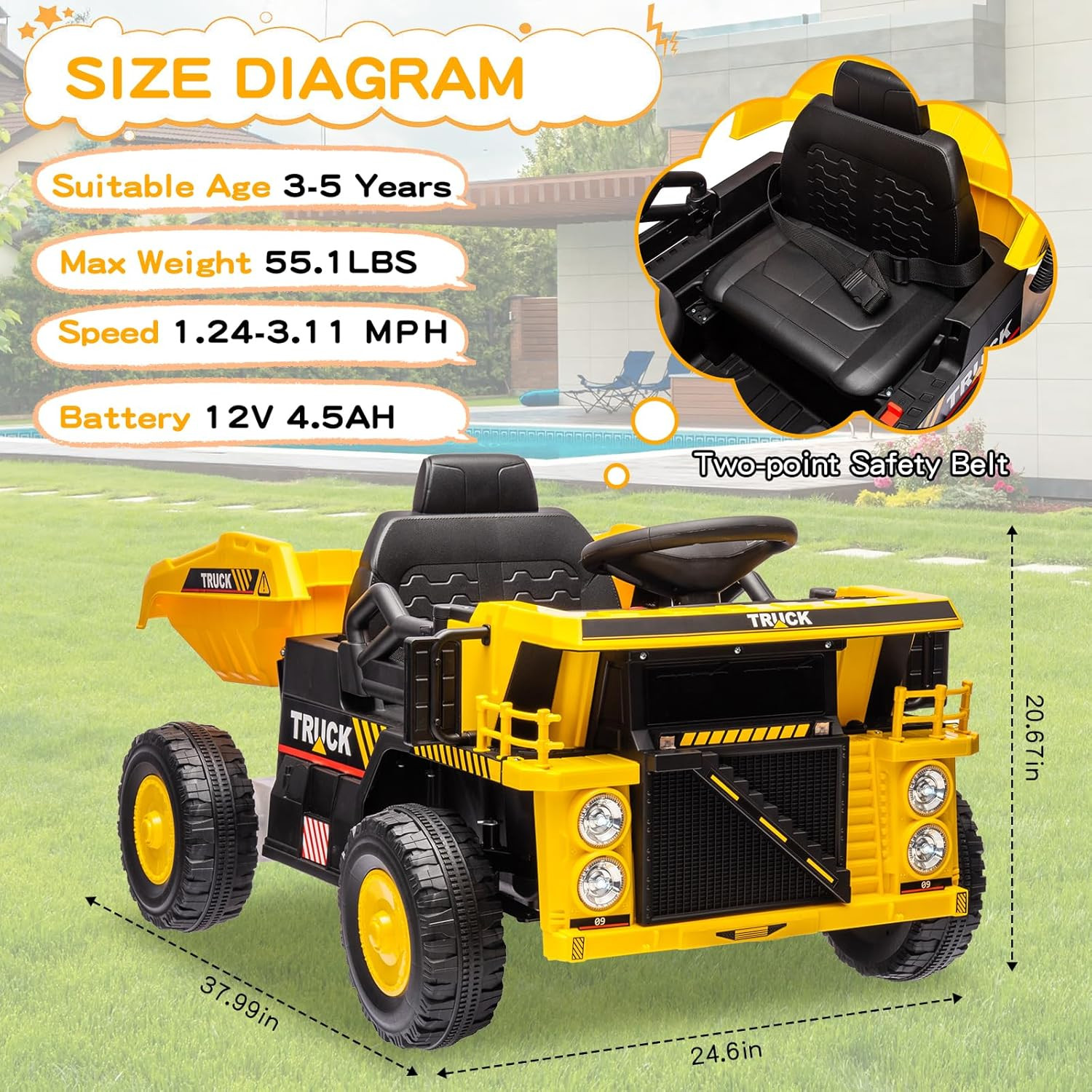 Ride on Dump Truck, 12V Ride on Construction Car for Kids with Remote Control,El