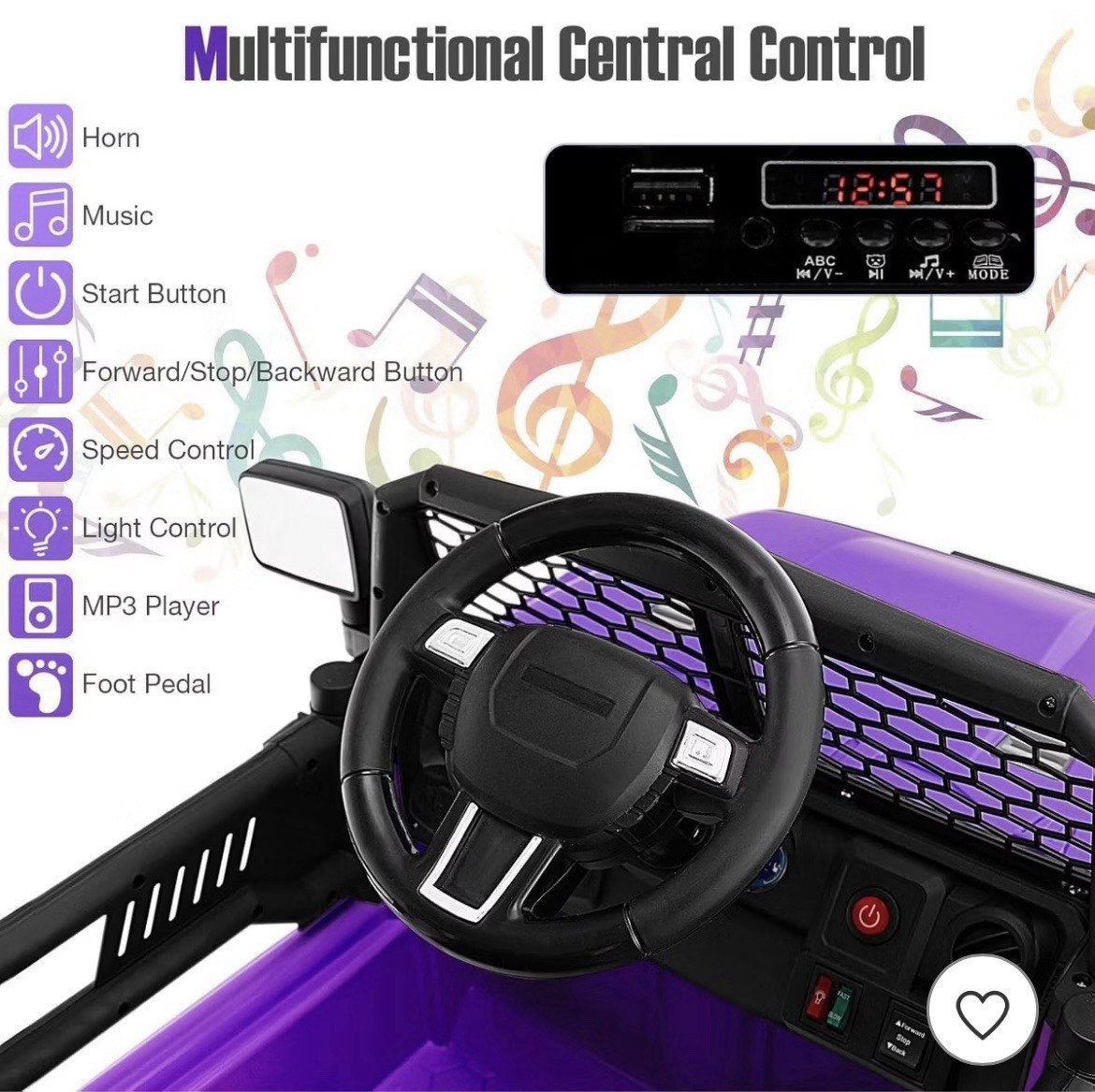 Purple 12V Kids Ride-On Car w/ Remote, Charger, Headlights, Lockable Doors