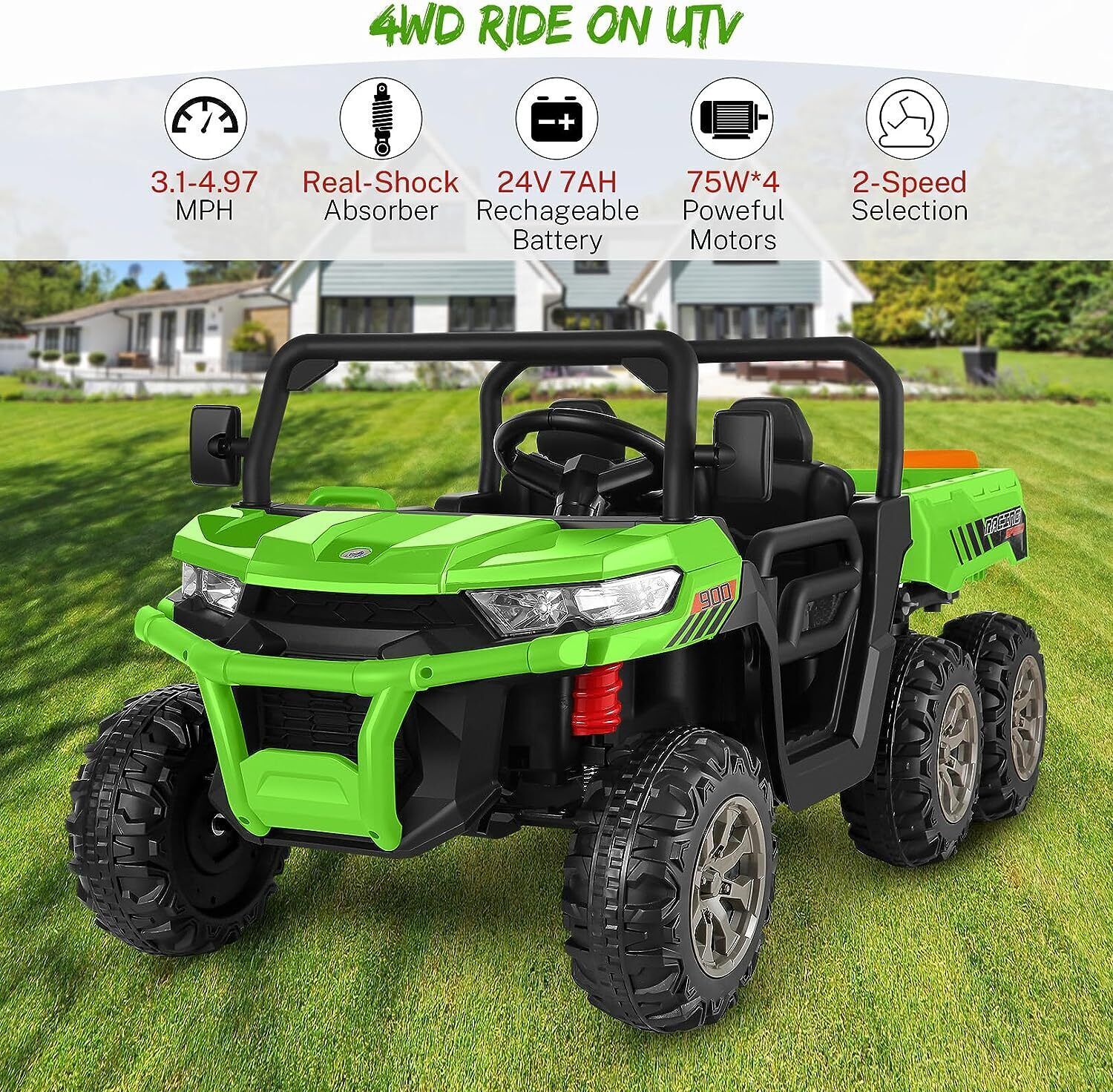 24V Kids Electric Car 4WD 2 Seater Ride On Truck with Electric Dump Bed 6 Wheels