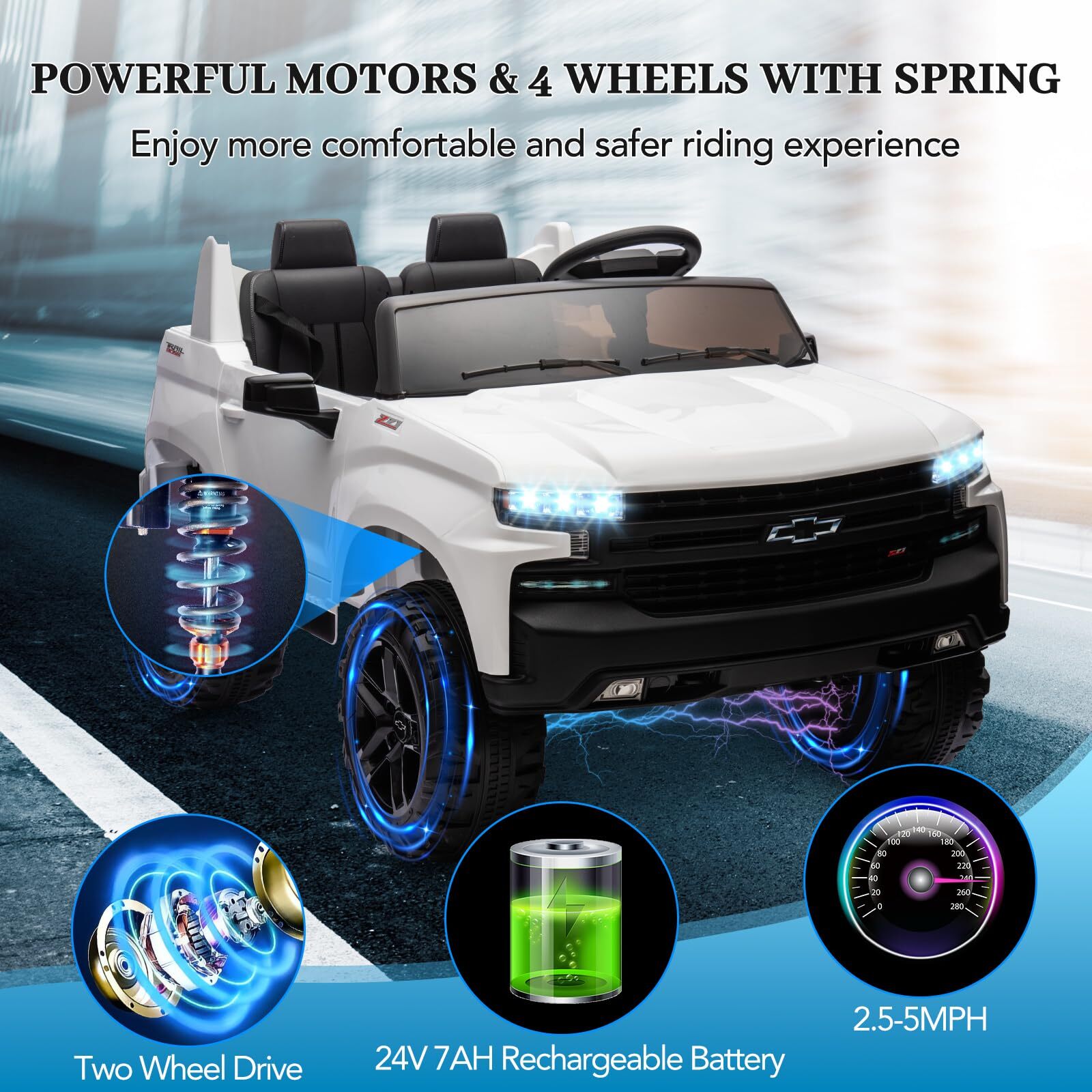 24V 2-Seater Truck Licensed Chevrolet Silverado Ride On Car Toy 3 Speeds Music