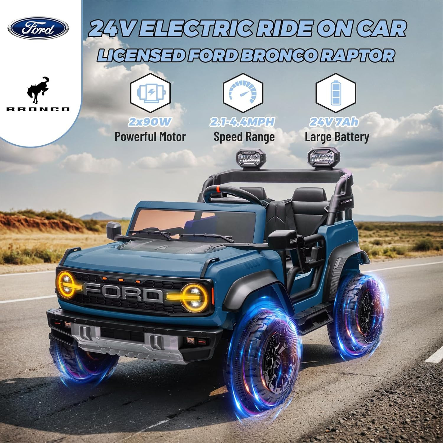 2 Seater Ride on Car for Kids, 24V Licensed Ford Bronco Raptor Electric Power Ri