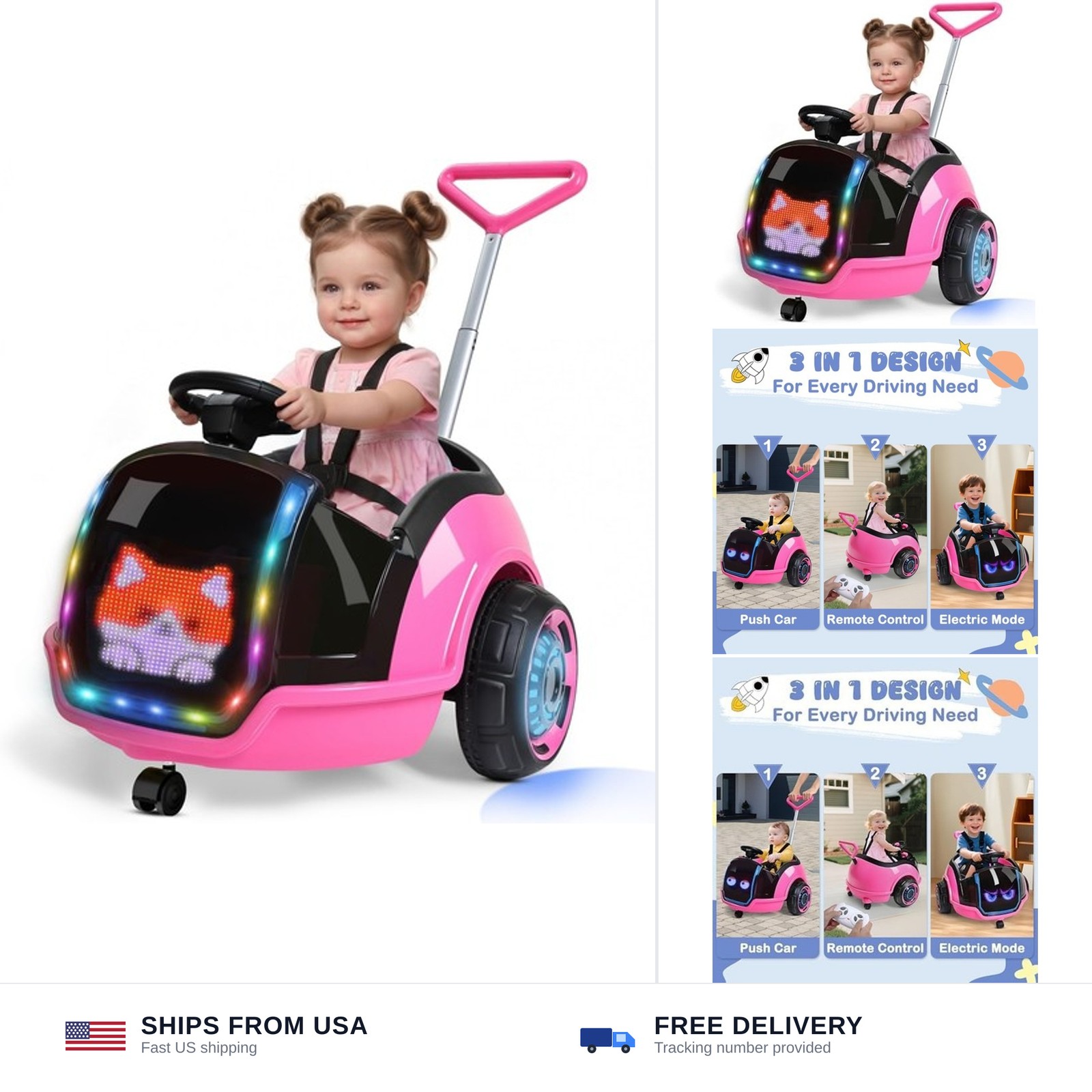 ANPABO 3-in-1 Electric Push Ride On Car, 12V Kids Ride On Toy w/Remote Contro…
