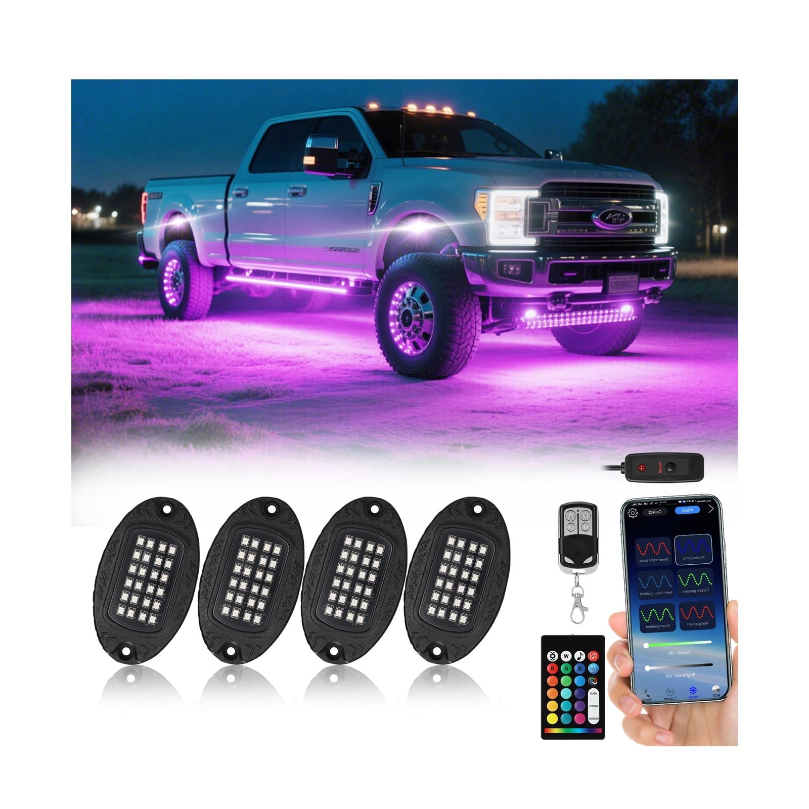 4 Pods Segmented Alloy RGB LED Rock Lights for ATV UTV Golf Cart SXS Trucks O…
