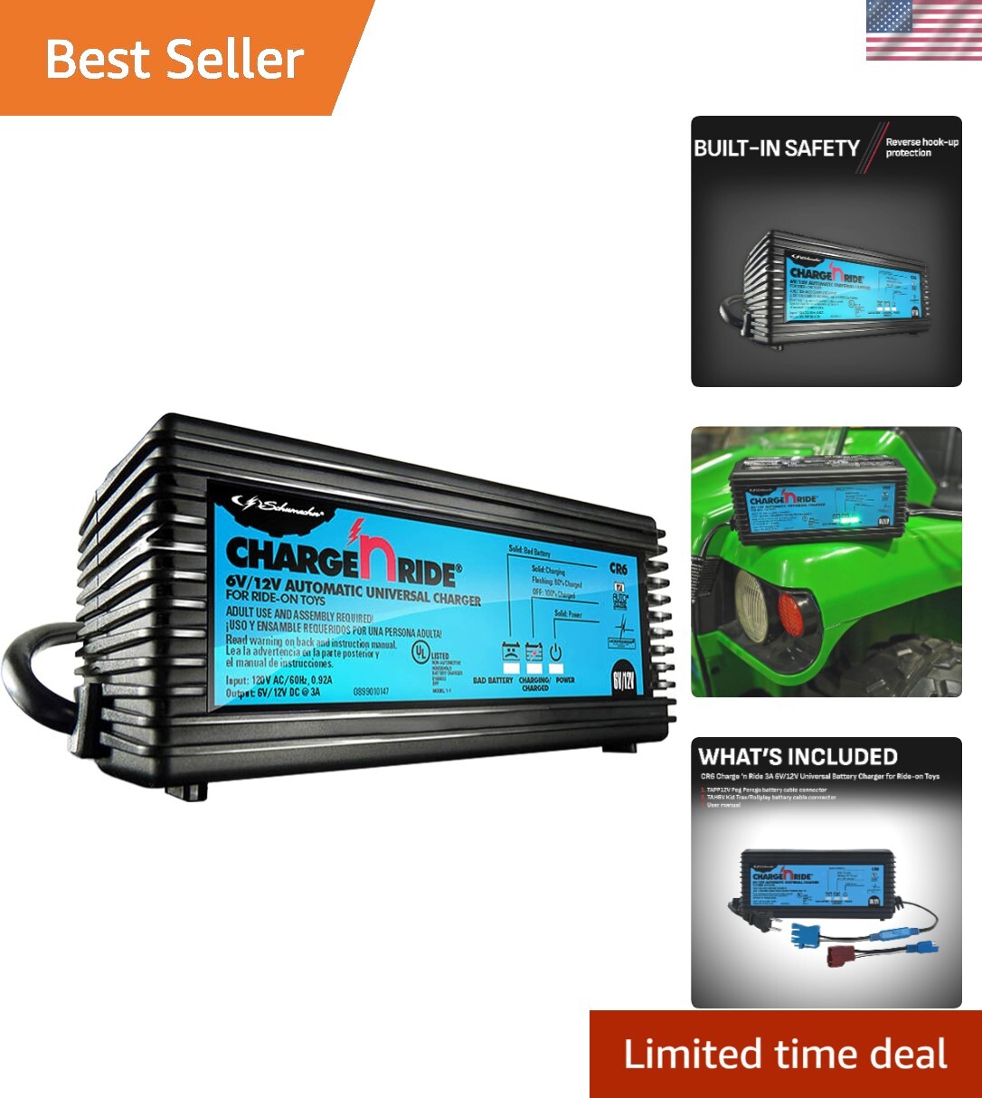 3 Amp Fully Automatic Charger for 6V/12V Ride-On Toys – Quick Connect System