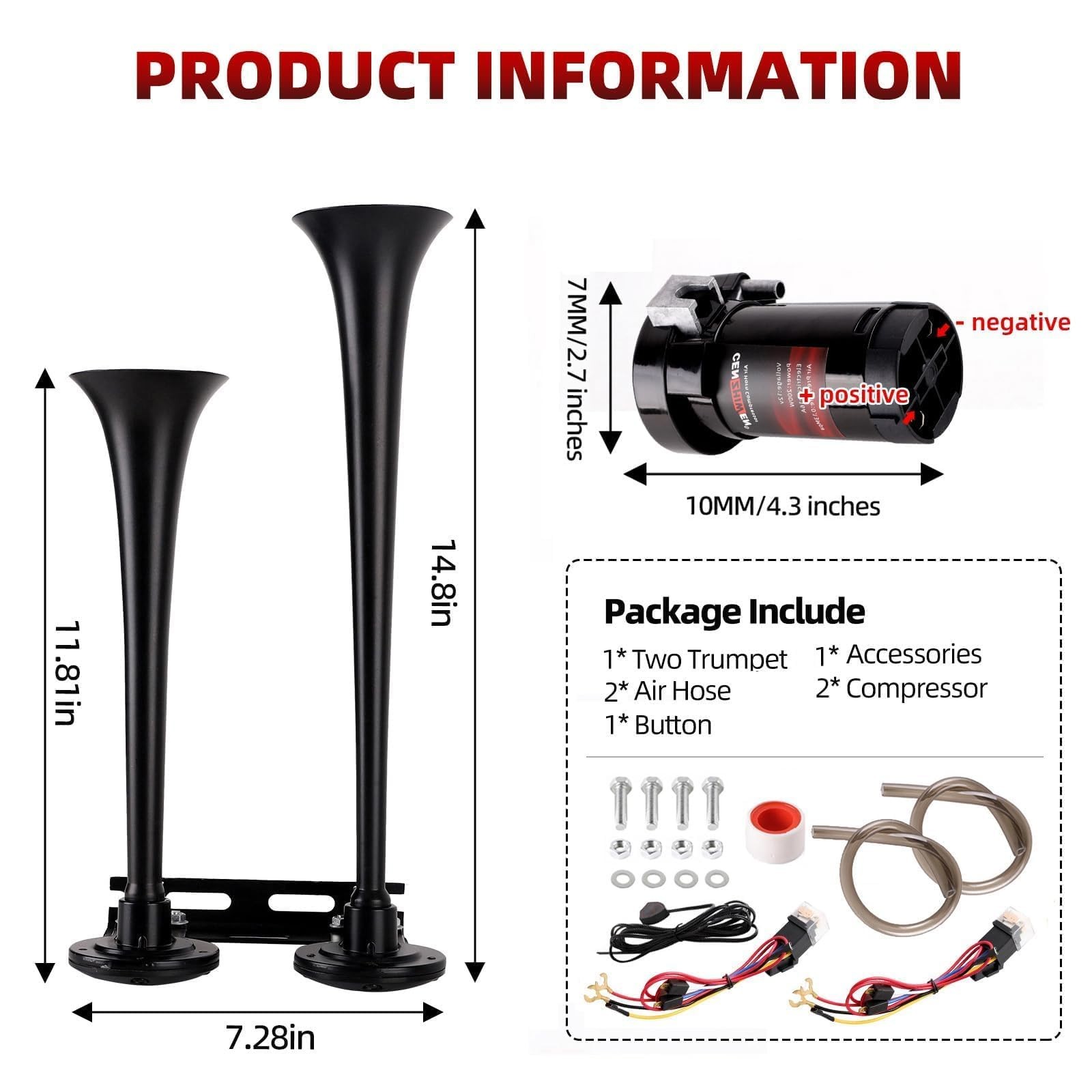 Cenzhiwen Dual 2-Trumpet Metal Air Horn for truck Kit with 2 Compressors-12V …